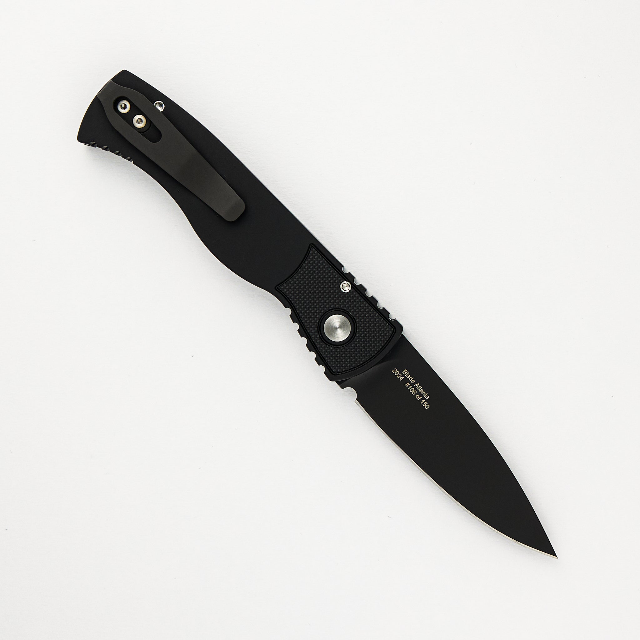 TR-2 Skull Blade Show 2024 - Black Handle, Shaw Sterling Silver Skull, MOP Button, Black MagnaCut Blade