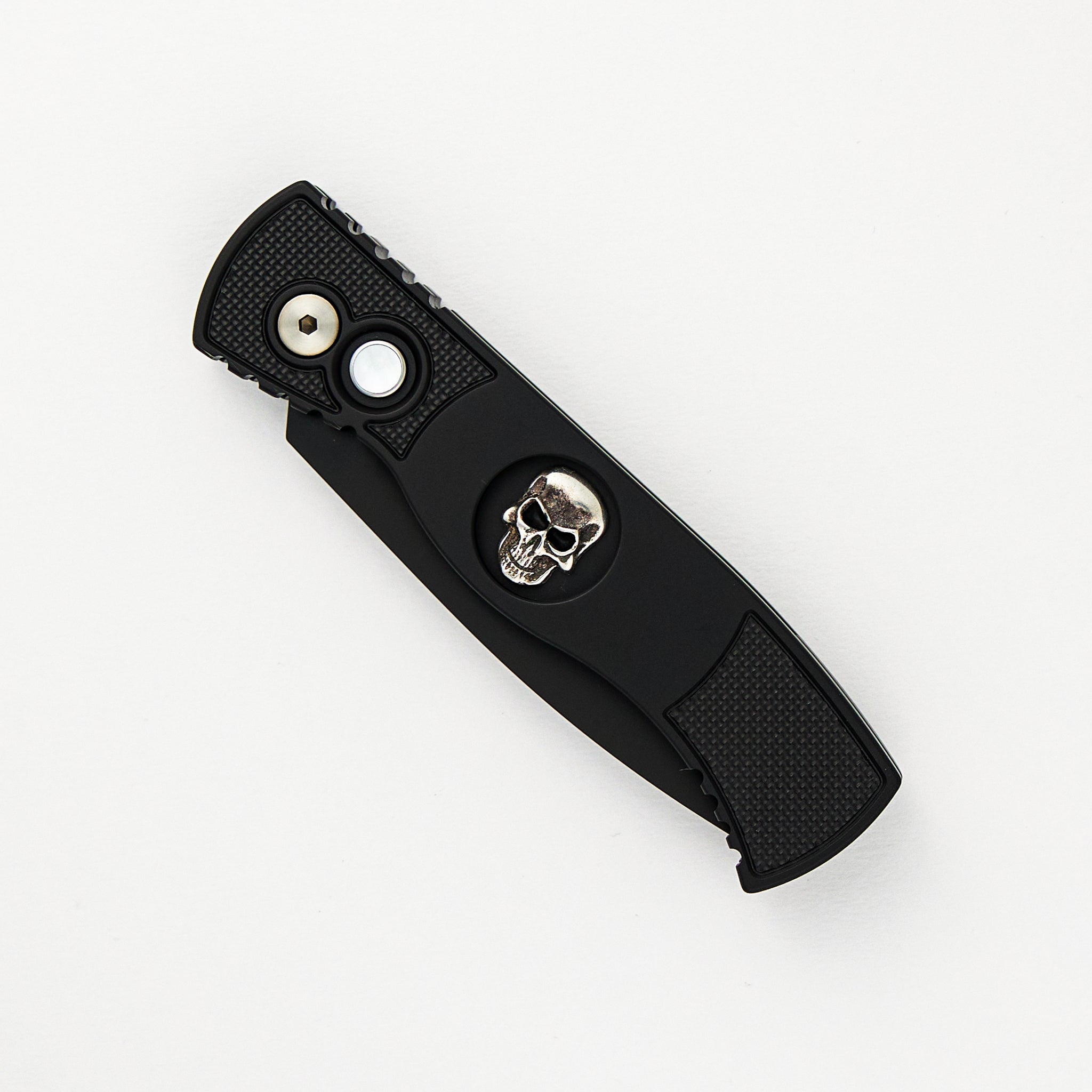 TR-2 Skull Blade Show 2024 - Black Handle, Shaw Sterling Silver Skull, MOP Button, Black MagnaCut Blade