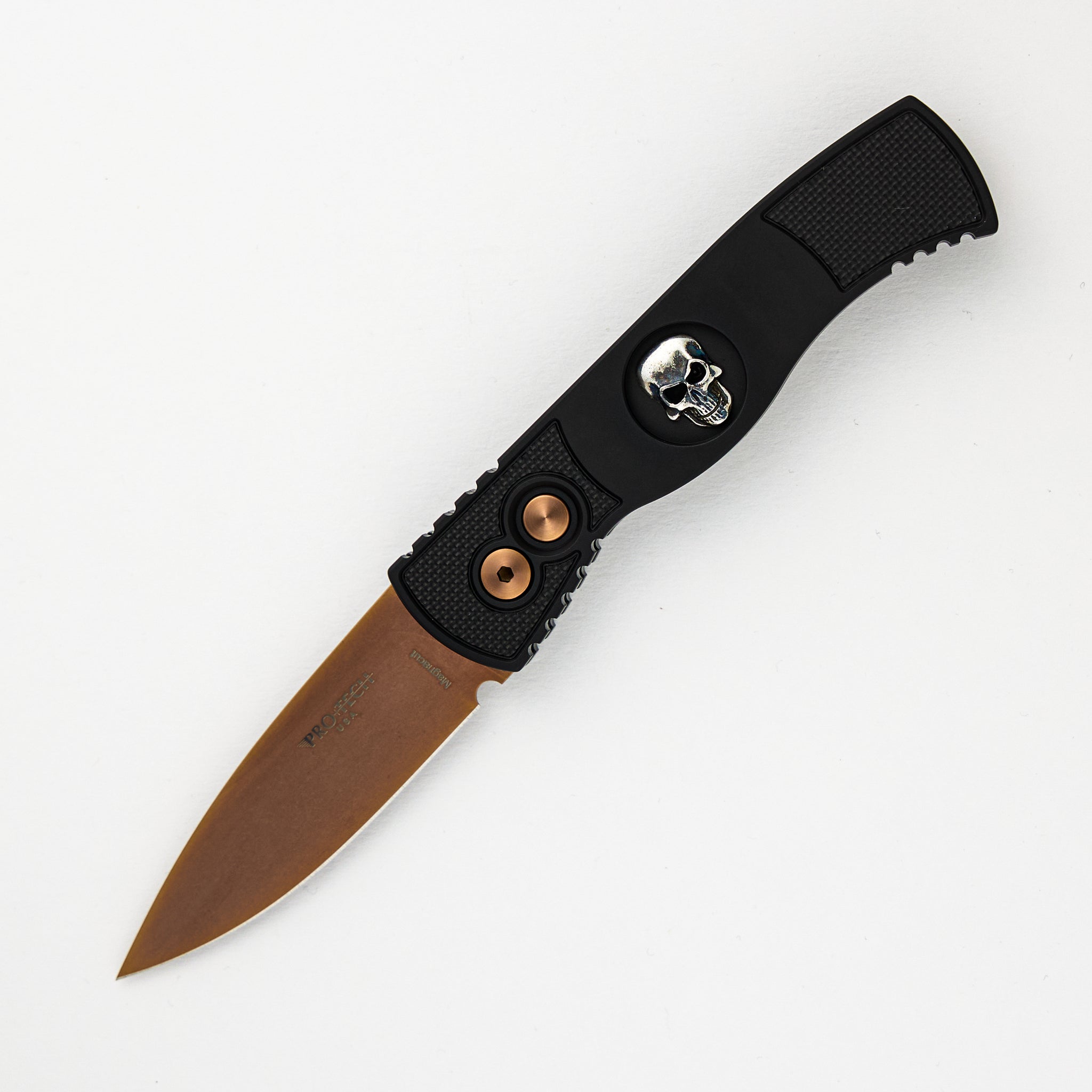 TR-2 RG Skull - Black Handle - Shaw Sterling Silver Skull - Rose Gold Button - Rose Gold MagnaCut Blade