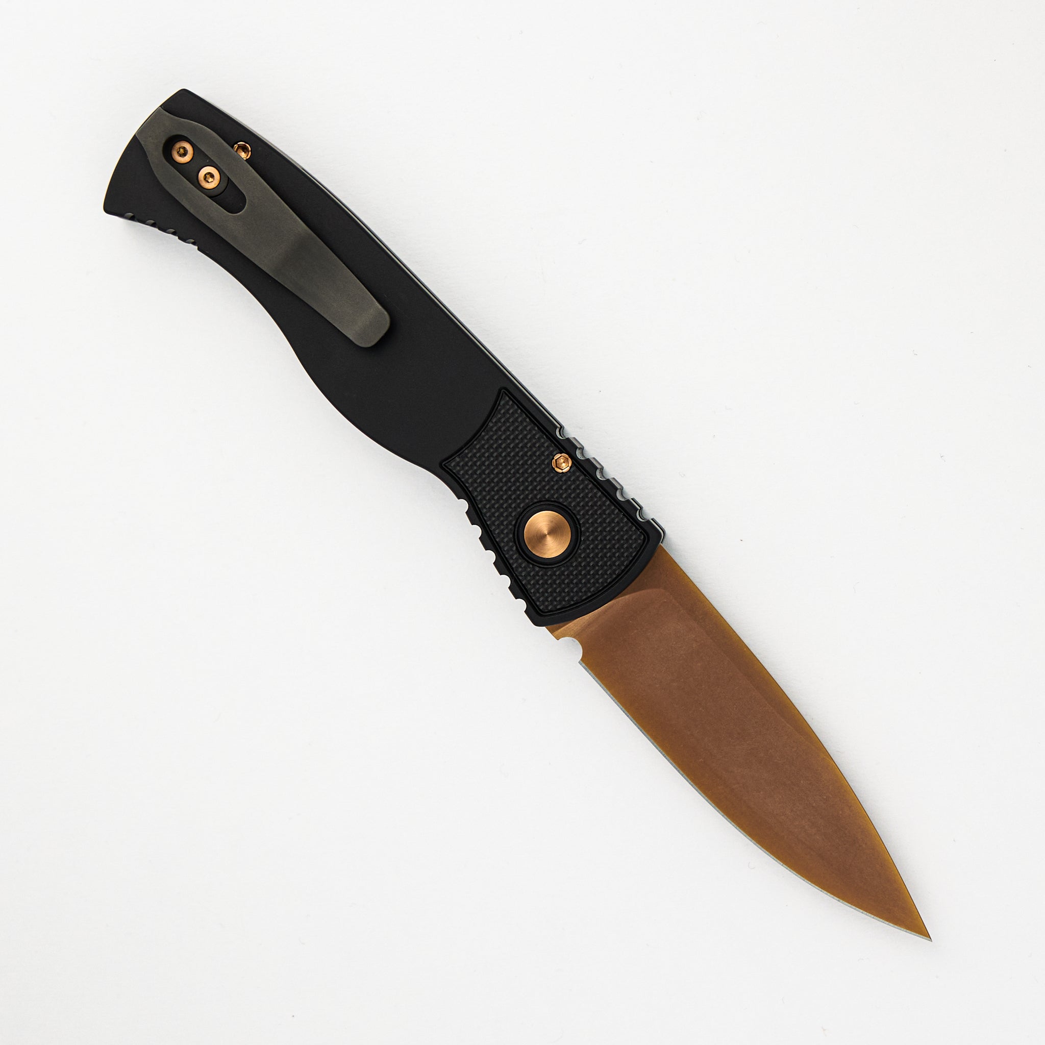 TR-2 RG Skull - Black Handle - Shaw Sterling Silver Skull - Rose Gold Button - Rose Gold MagnaCut Blade