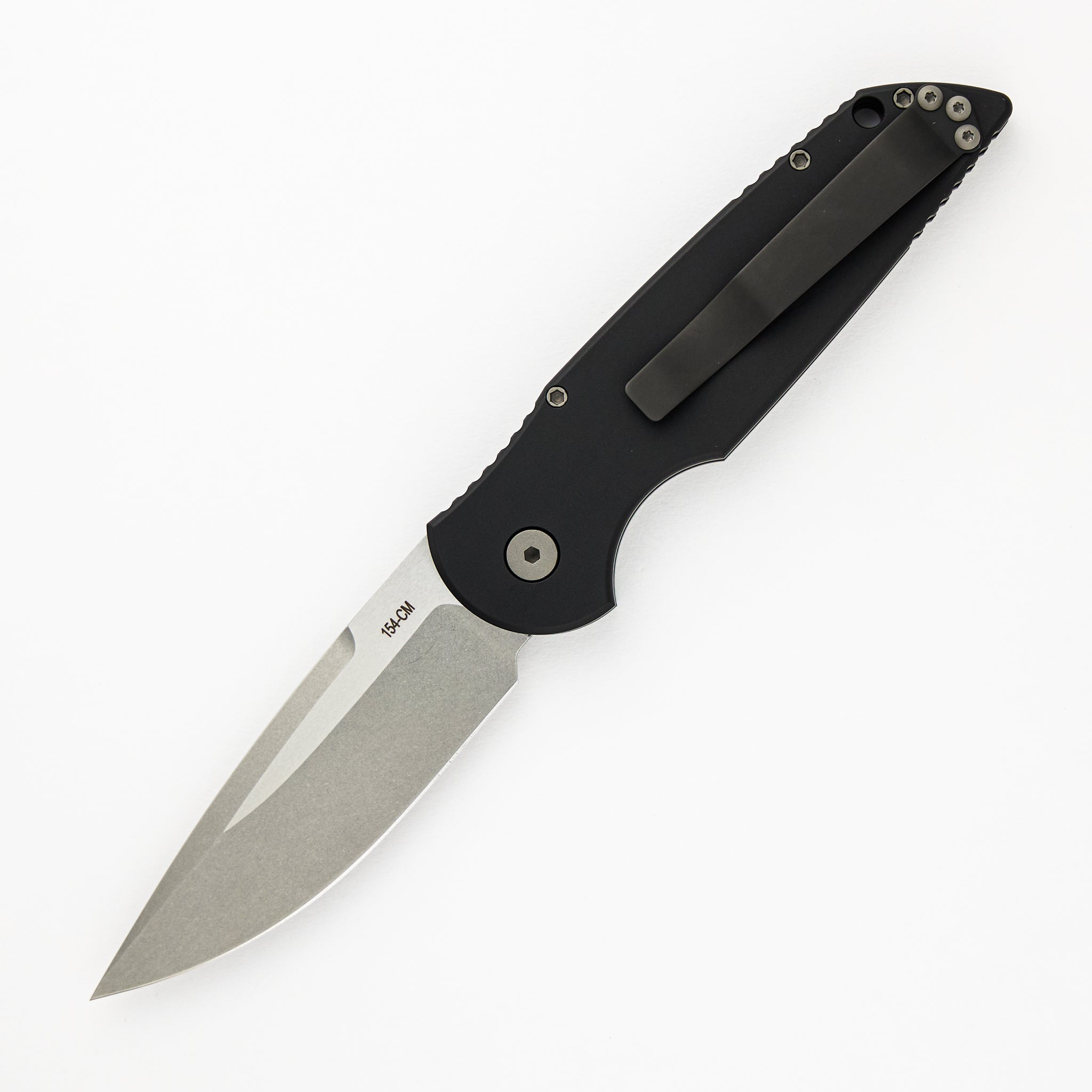 Pro-Tech Knives TR-3 L-1 - Left Handed - Black Aluminum Handle W/ Grooves - Stonewash 154-CM Blade