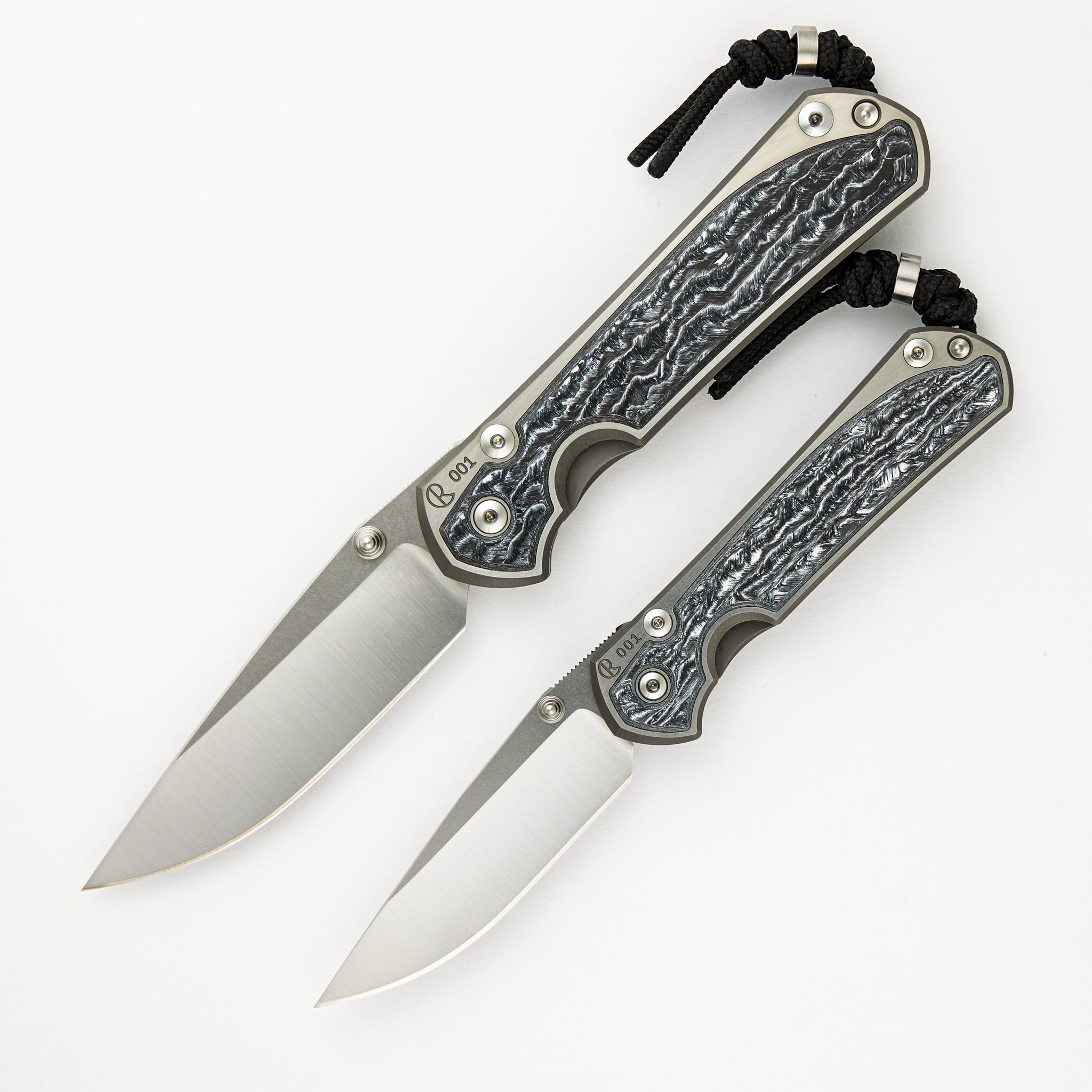 Large & Small Sebenza 31 Numbered Matched Set - White CarboTi Inlay - Polished Drop Point CPM MagnaCut Blade - Silver Double Lugs - 2024 R1 Invitational