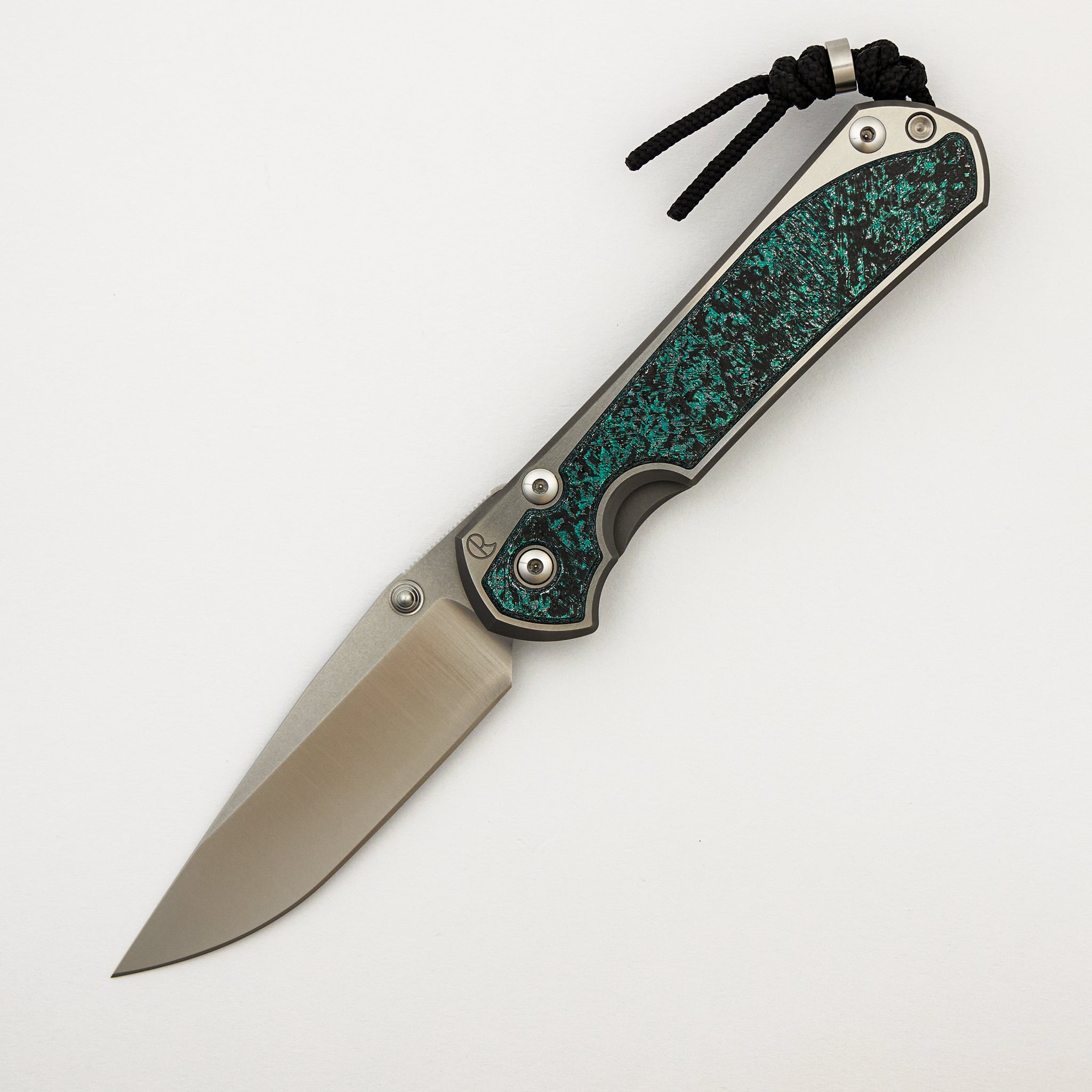 R1 Invitational - Large Sebenza 31 - Teal Magnetic CarboTi Inlay - Polished Drop Point CPM MagnaCut Blade - Silver Double Lugs