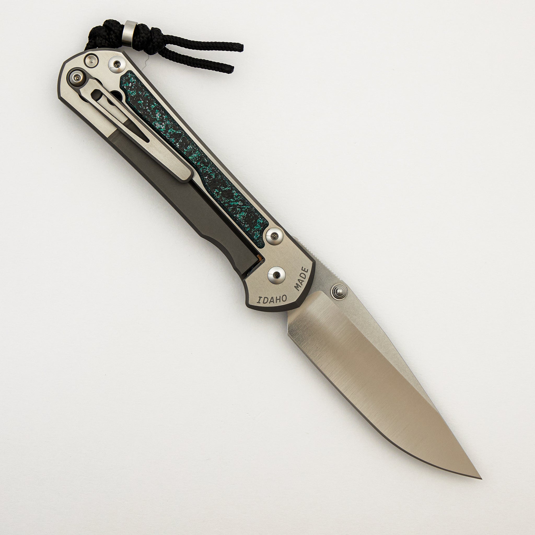 R1 Invitational - Large Sebenza 31 - Teal Magnetic CarboTi Inlay - Polished Drop Point CPM MagnaCut Blade - Silver Double Lugs