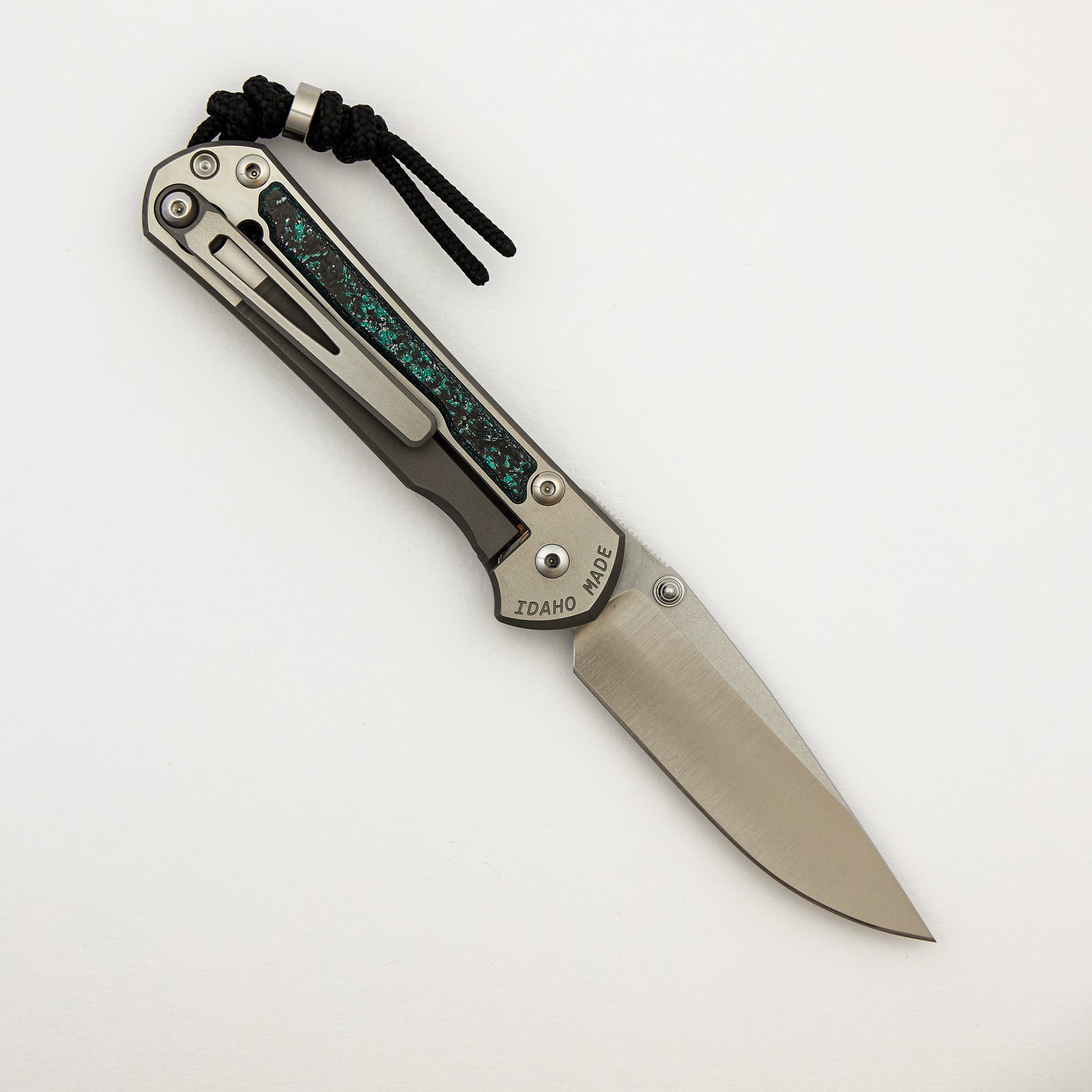 R1 Invitational - Small Sebenza 31 - Teal Magnetic CarboTi Inlay - Polished Drop Point CPM MagnaCut Blade - Silver Double Lugs