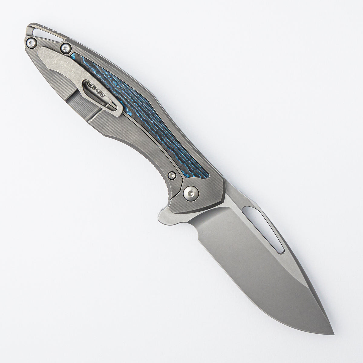 Arius - Smooth Titanium Handle W/ Ocean Blue CarboTi Inlays - Silver Hardware - Burnished W/ Polished Flats M390 Blade