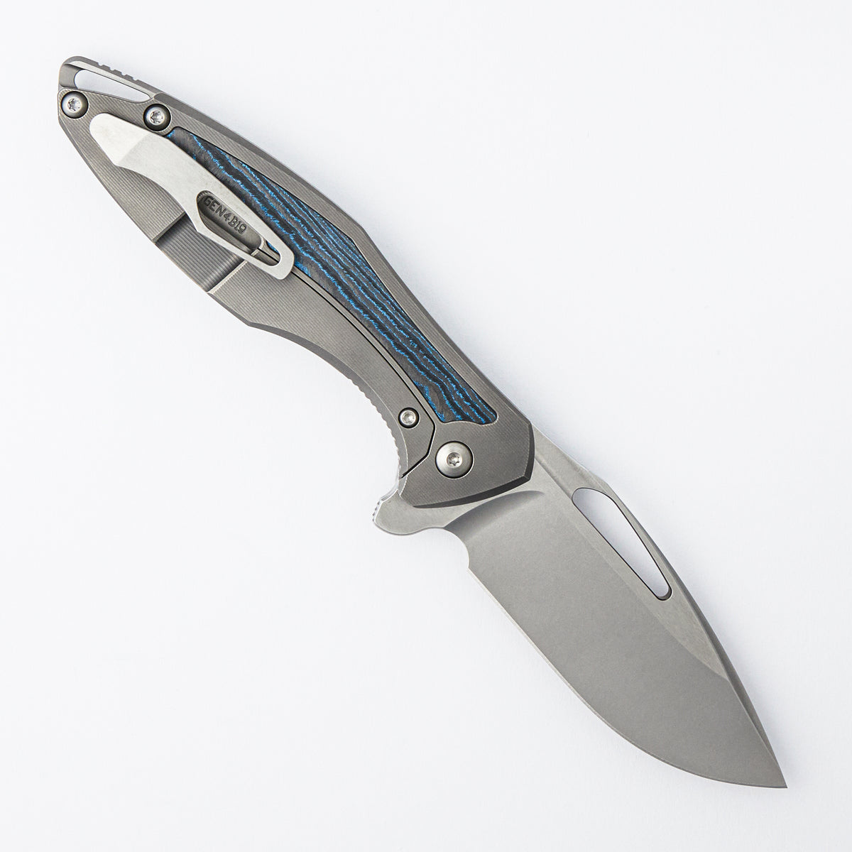 Arius - Smooth Titanium Handle W/ Ocean Blue CarboTi Inlays - Silver Hardware - Brightwashed W/ Polished Flats M390 Blade