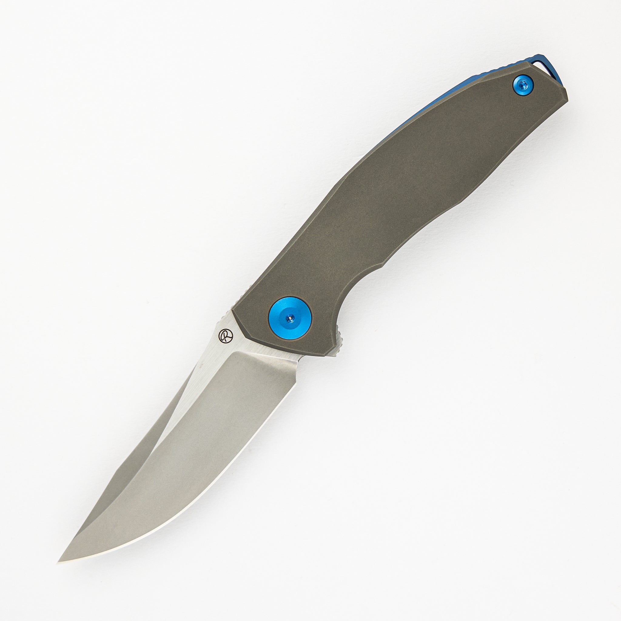 Adzin Flipper – Blasted W- Satin Flats M390 Blade – Blasted Titanium Handle W- Blue Accents
