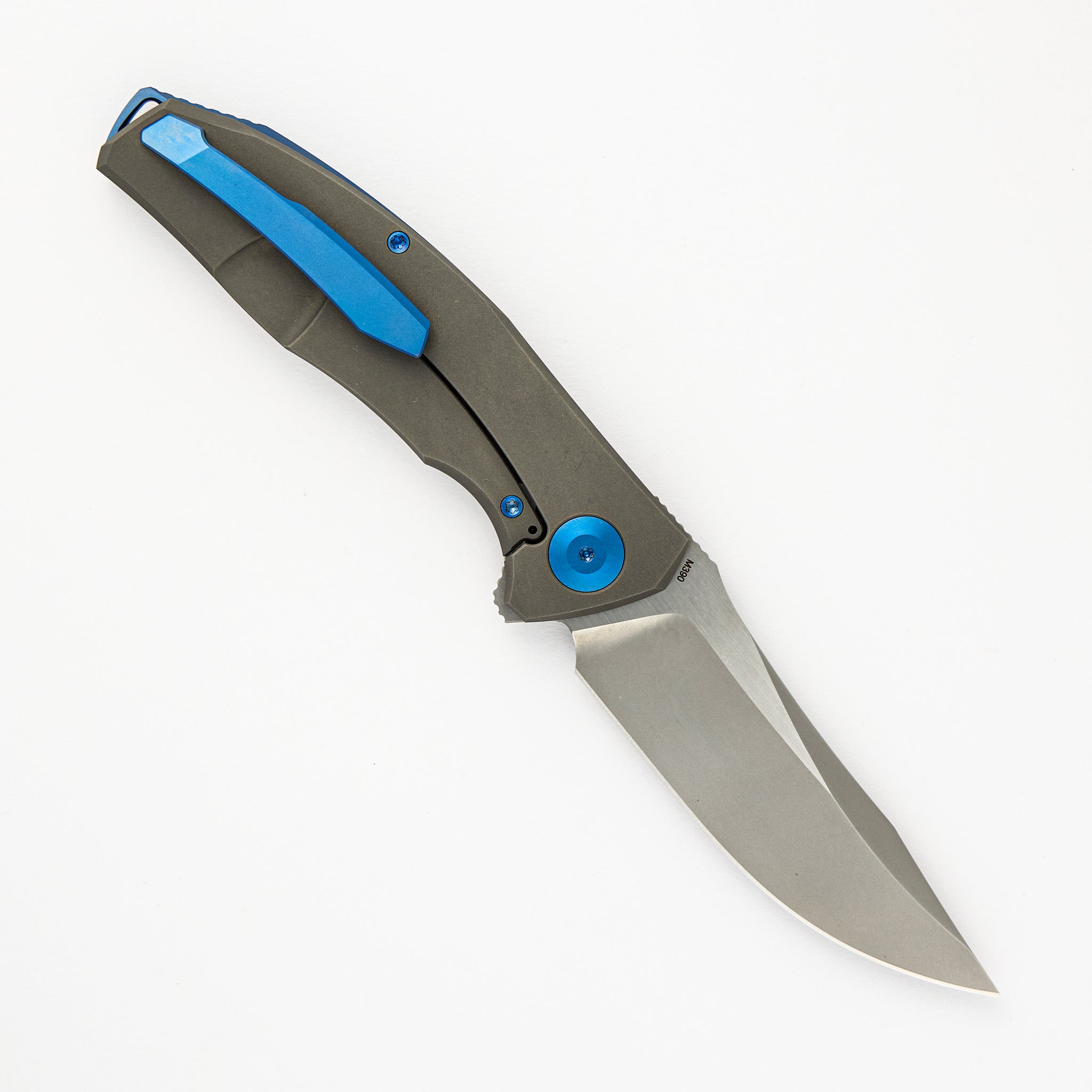 Adzin Flipper – Blasted W- Satin Flats M390 Blade – Blasted Titanium Handle W- Blue Accents