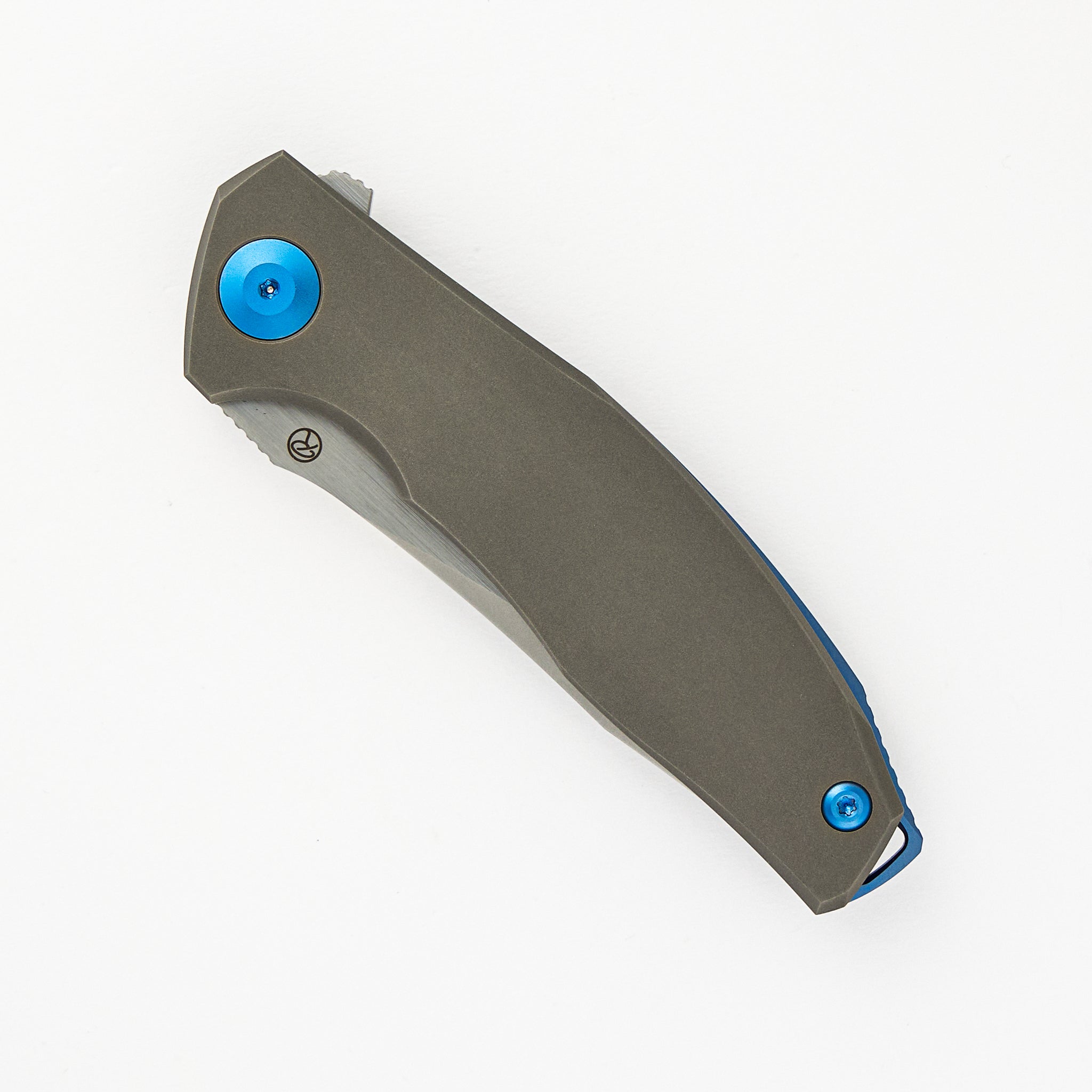 Adzin Flipper – Blasted W- Satin Flats M390 Blade – Blasted Titanium Handle W- Blue Accents