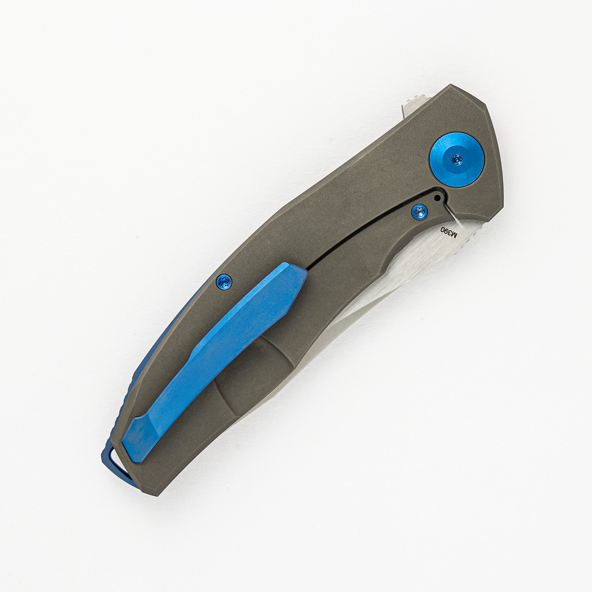 Adzin Flipper – Blasted W- Satin Flats M390 Blade – Blasted Titanium Handle W- Blue Accents
