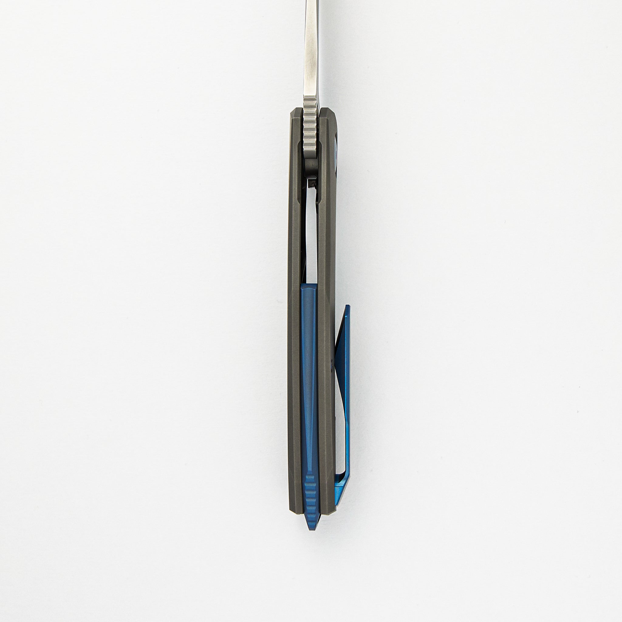 Adzin Flipper – Blasted W- Satin Flats M390 Blade – Blasted Titanium Handle W- Blue Accents