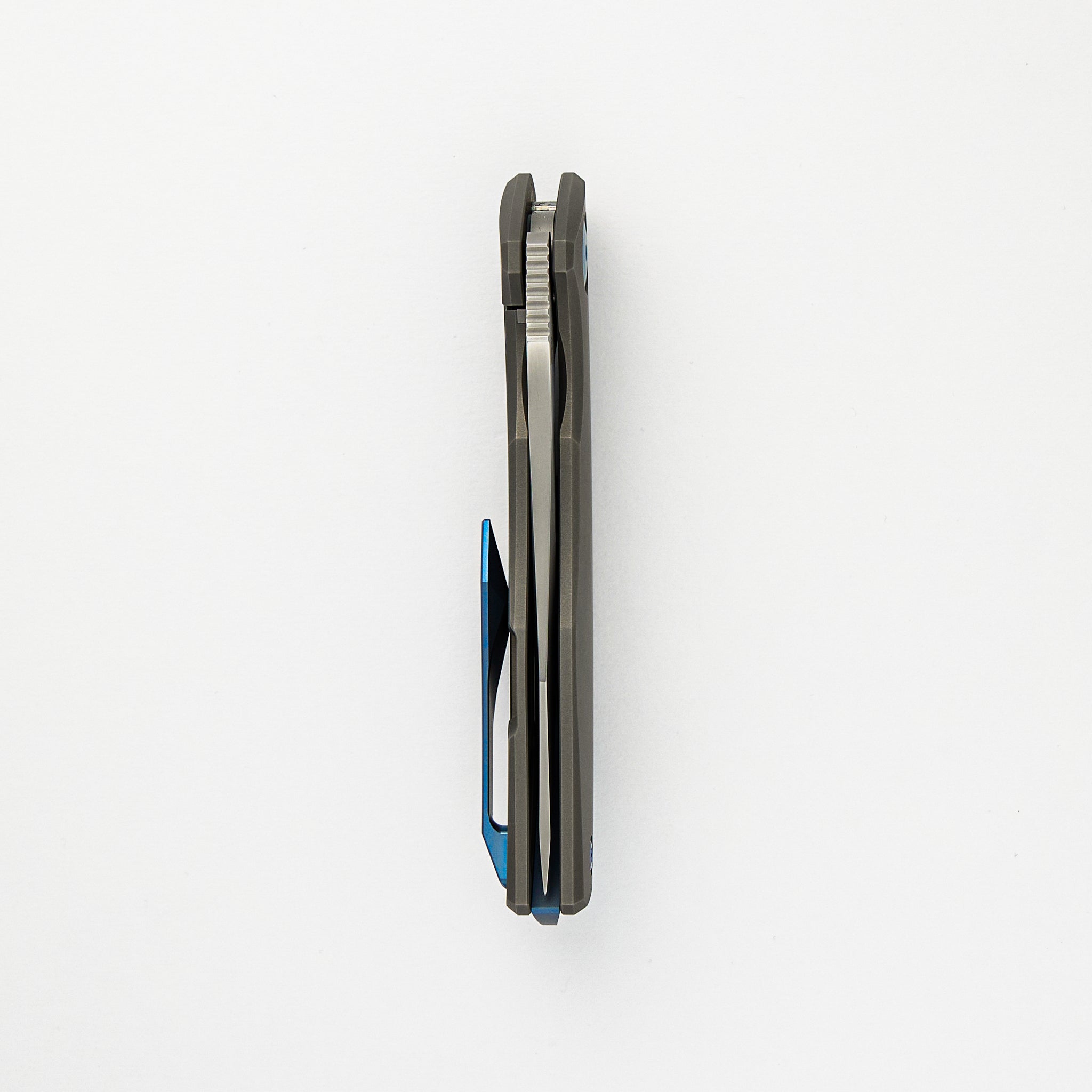 Adzin Flipper – Blasted W- Satin Flats M390 Blade – Blasted Titanium Handle W- Blue Accents