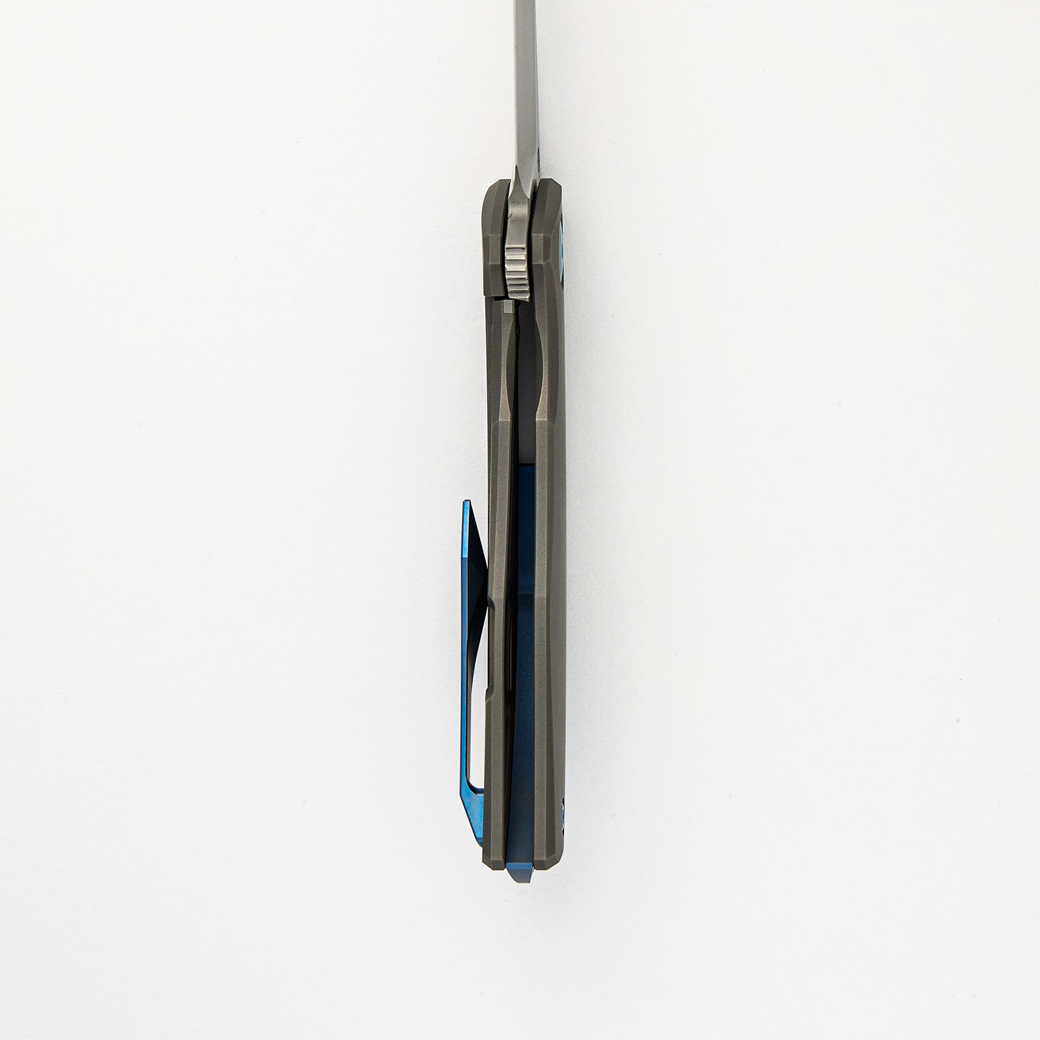 Adzin Flipper – Blasted W- Satin Flats M390 Blade – Blasted Titanium Handle W- Blue Accents