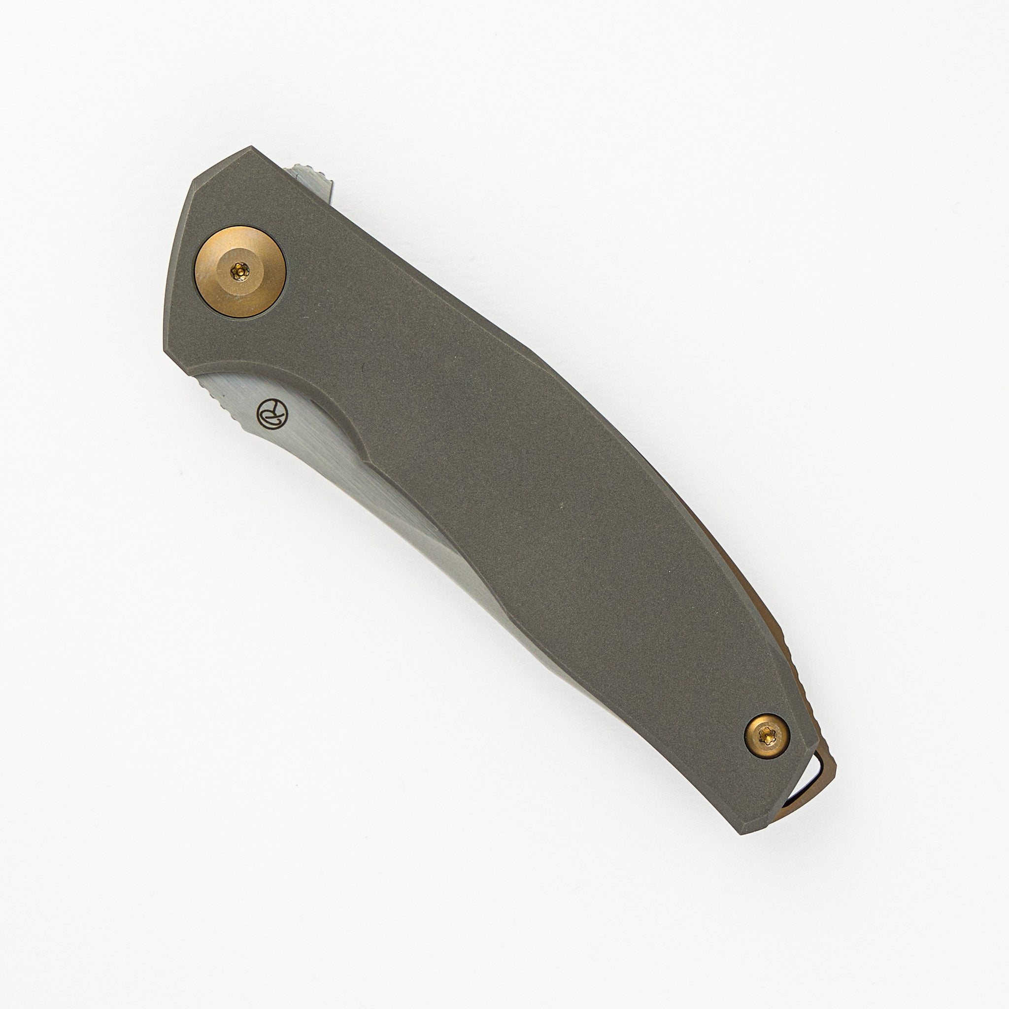 Adzin Flipper – Blasted W- Satin Flats M390 Blade – Blasted Titanium Handle W- Bronze Accents