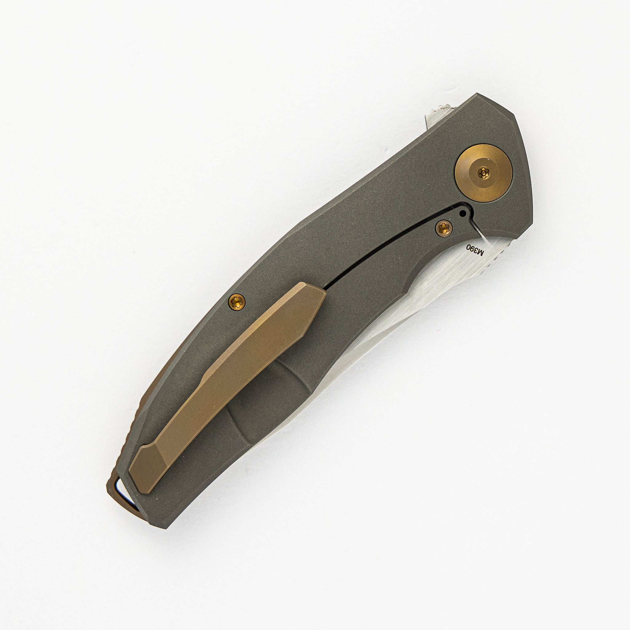 Adzin Flipper – Blasted W- Satin Flats M390 Blade – Blasted Titanium Handle W- Bronze Accents