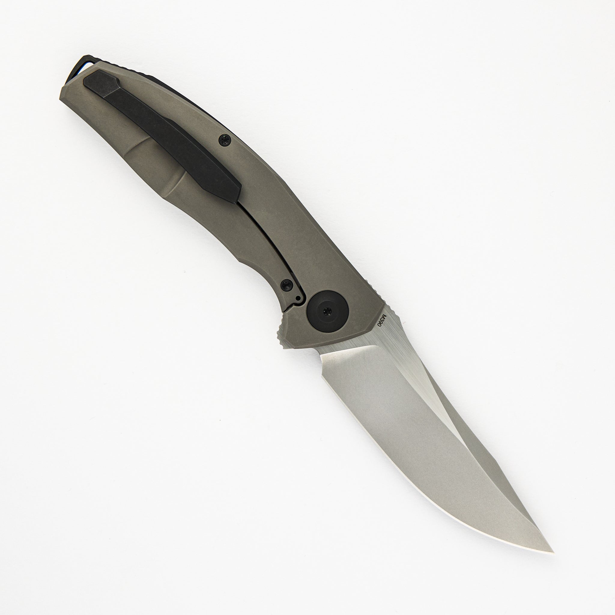 Adzin Flipper – Blasted W/ Satin Flats M390 Blade – Blasted Titanium Handle W/ Black Accents