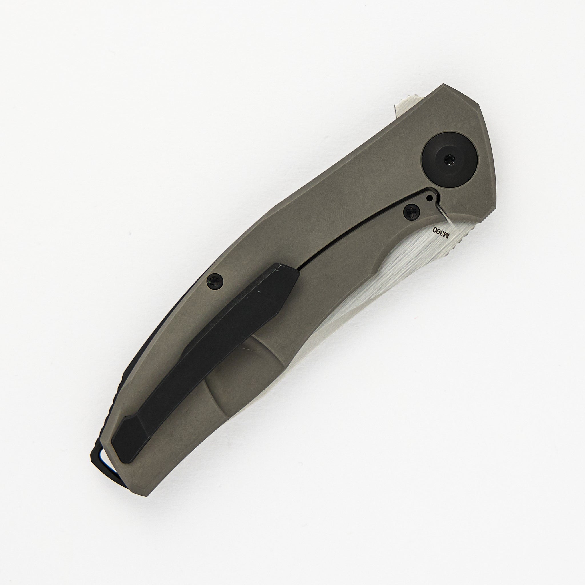 Adzin Flipper – Blasted W/ Satin Flats M390 Blade – Blasted Titanium Handle W/ Black Accents