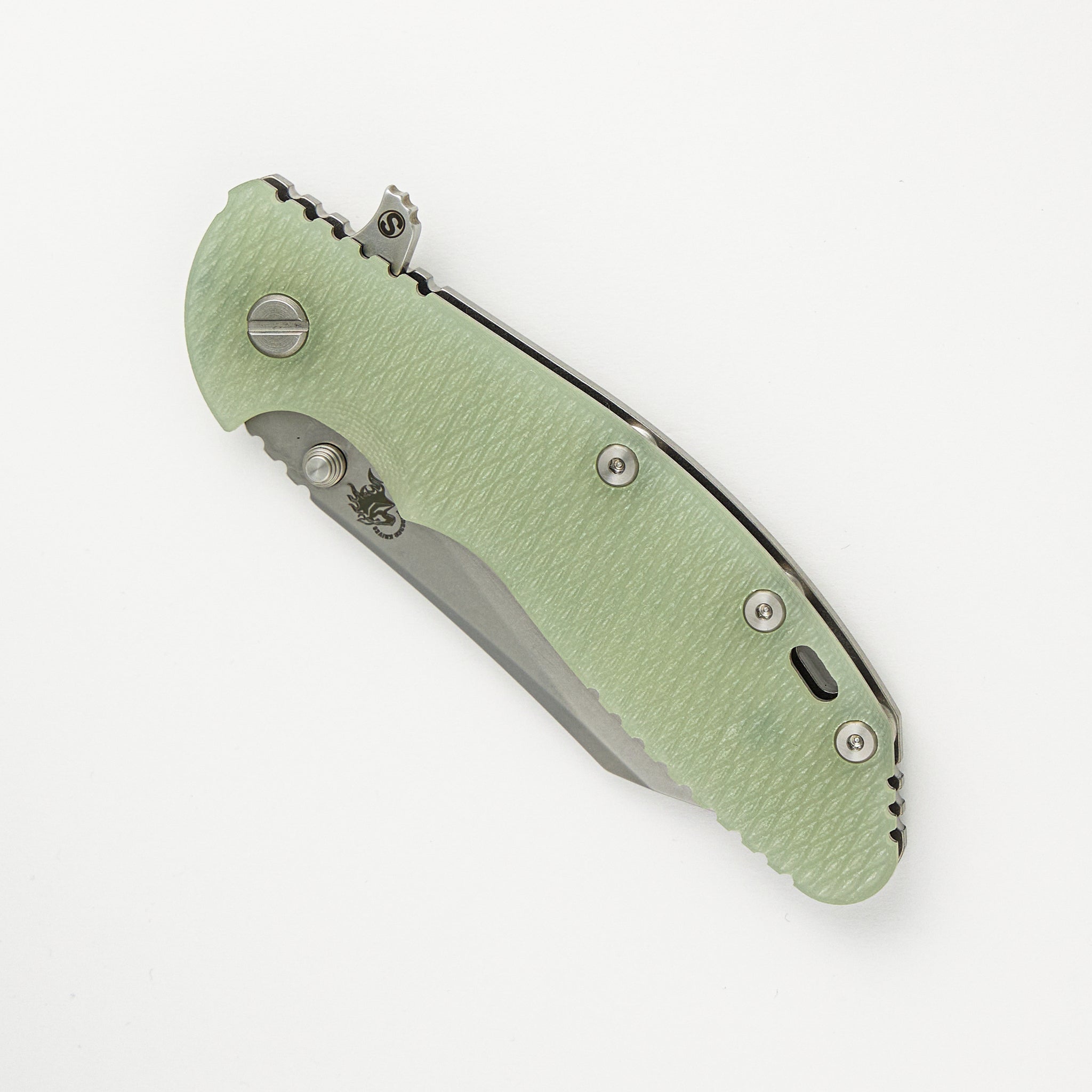 XM-24 4.0″ – Skinny Wharncliffe S45VN – Tri-Way – Stonewash – Translucent Green G10