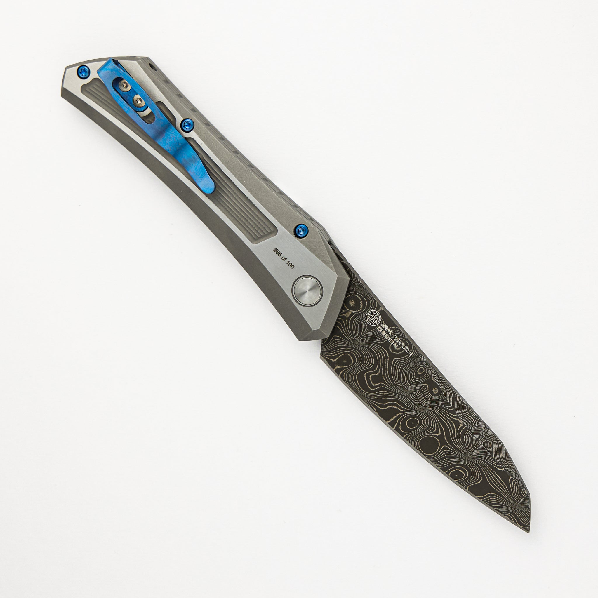 2024 Oligarch Custom 003 - Dmitry Sinkevich Design, 17-4 Stainless Steel Handle W/ Texture, Chad Nichols Virus Blade, Black Lip Pearl Button