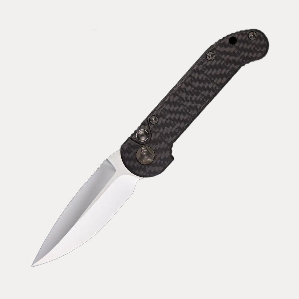 MARFIONE CUSTOM KNIVES LUDT MIRROR POLISH CARBON FIBER W/ CARBON FIBER INLAID BUTTON DLC RINGED HARDWARE S/N 023