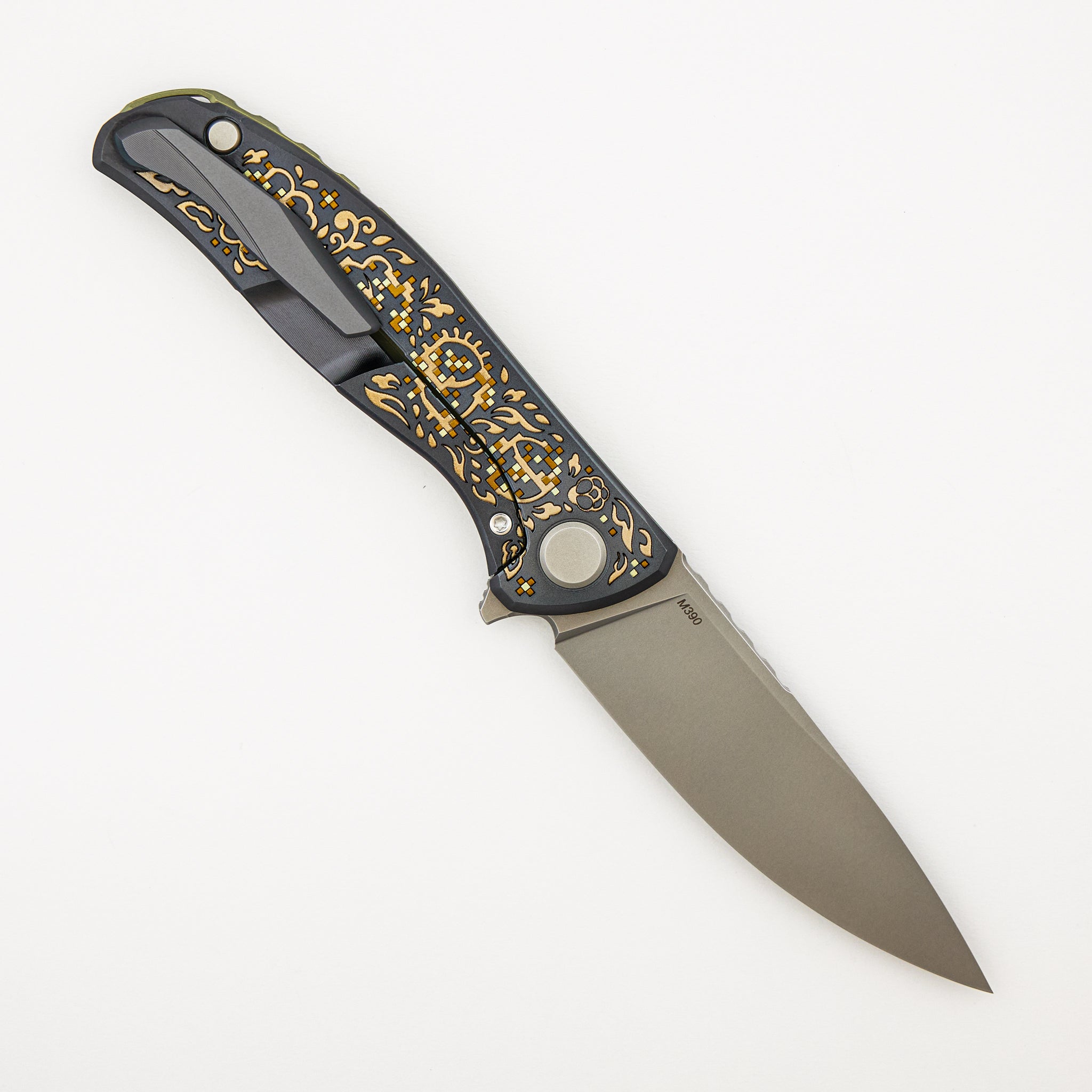 Ti2 Design Collaboration Black Hula "Bronze Pixelated Flower" F95 - M390 Blade - Titanium Handle - MRBS - Completed