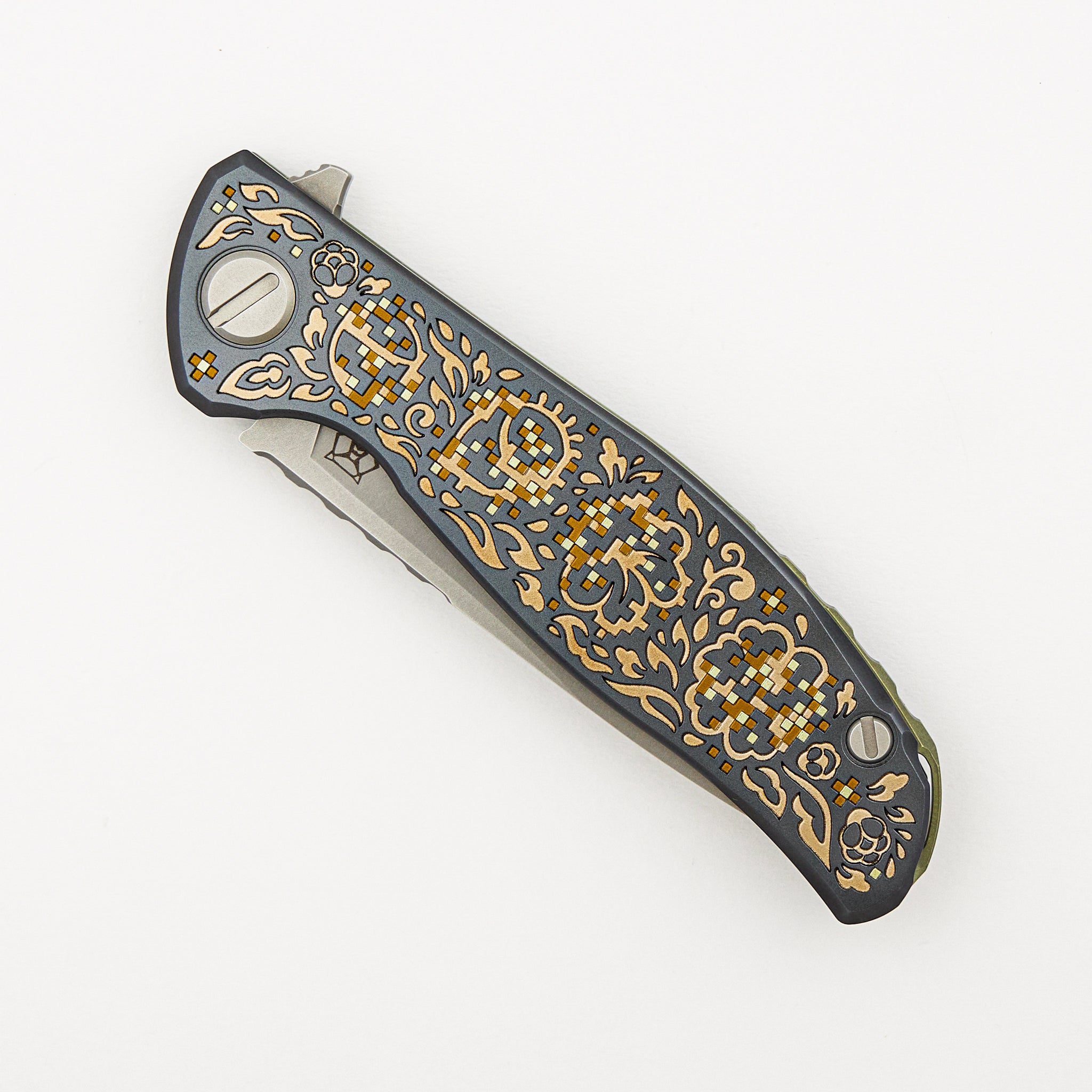 Ti2 Design Collaboration Black Hula "Bronze Pixelated Flower" F95 - M390 Blade - Titanium Handle - MRBS - Completed