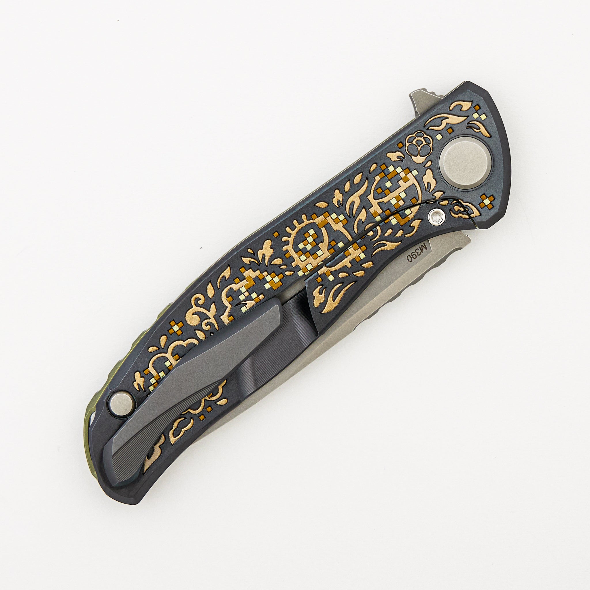Ti2 Design Collaboration Black Hula "Bronze Pixelated Flower" F95 - M390 Blade - Titanium Handle - MRBS - Completed