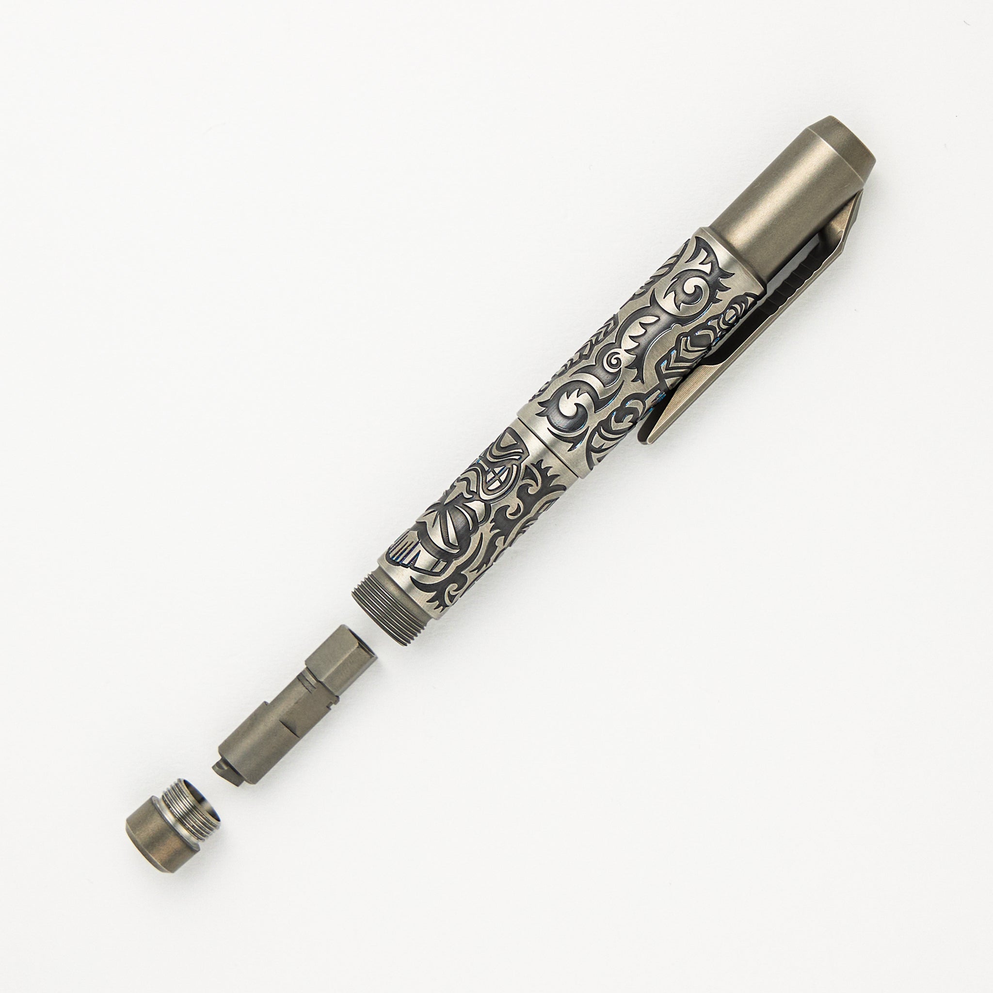 Shirogorov Knives / Ti2 Design Titanium Tool Pen - "Tiki" Engraved - Completed