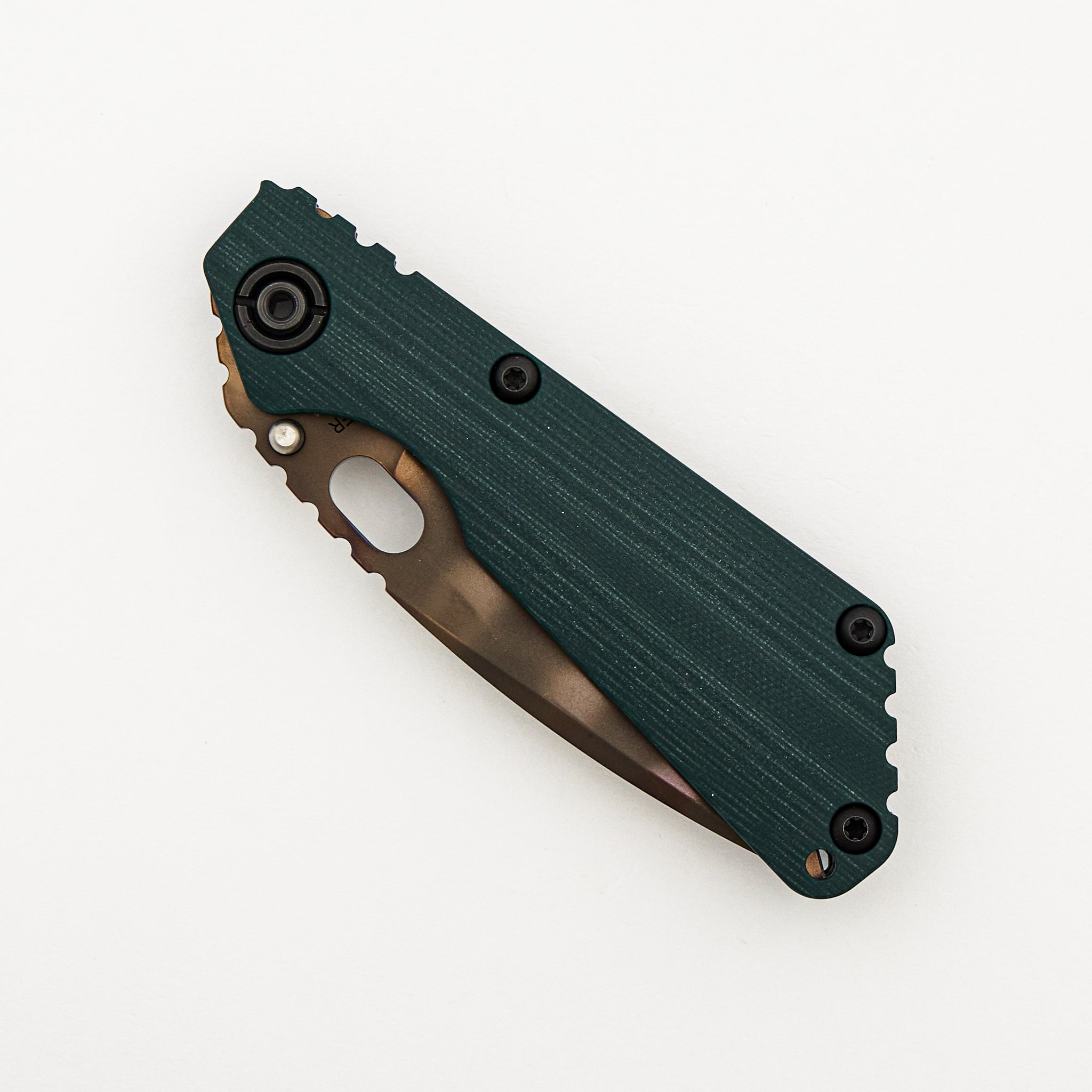 SNG - Anodized Titanium/Forest Green G10 Handle - Drop Point Bronze Tiger Stripe 20CV Blade