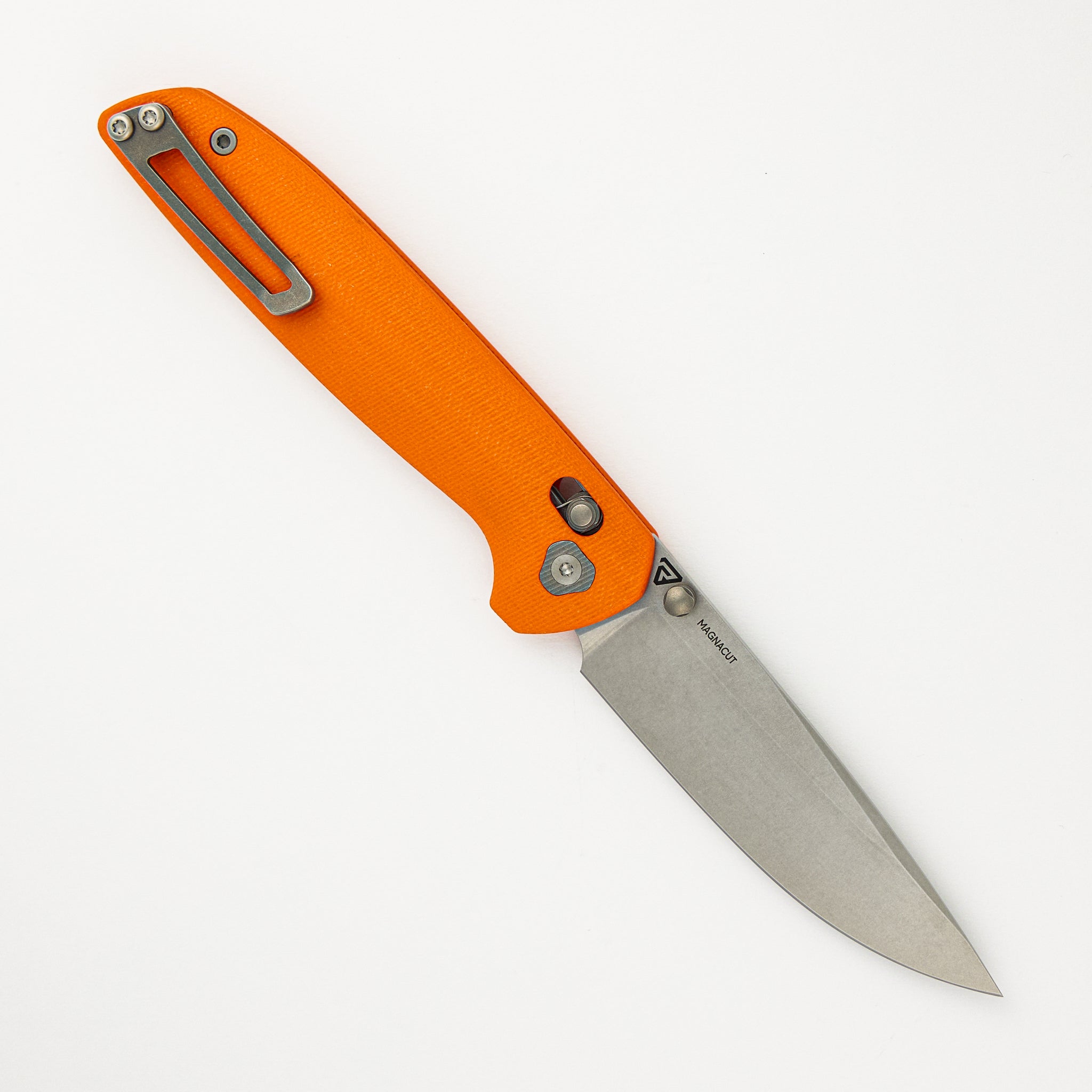 Maverick – Stonewash MagnaCut Blade – Orange G10 Handle