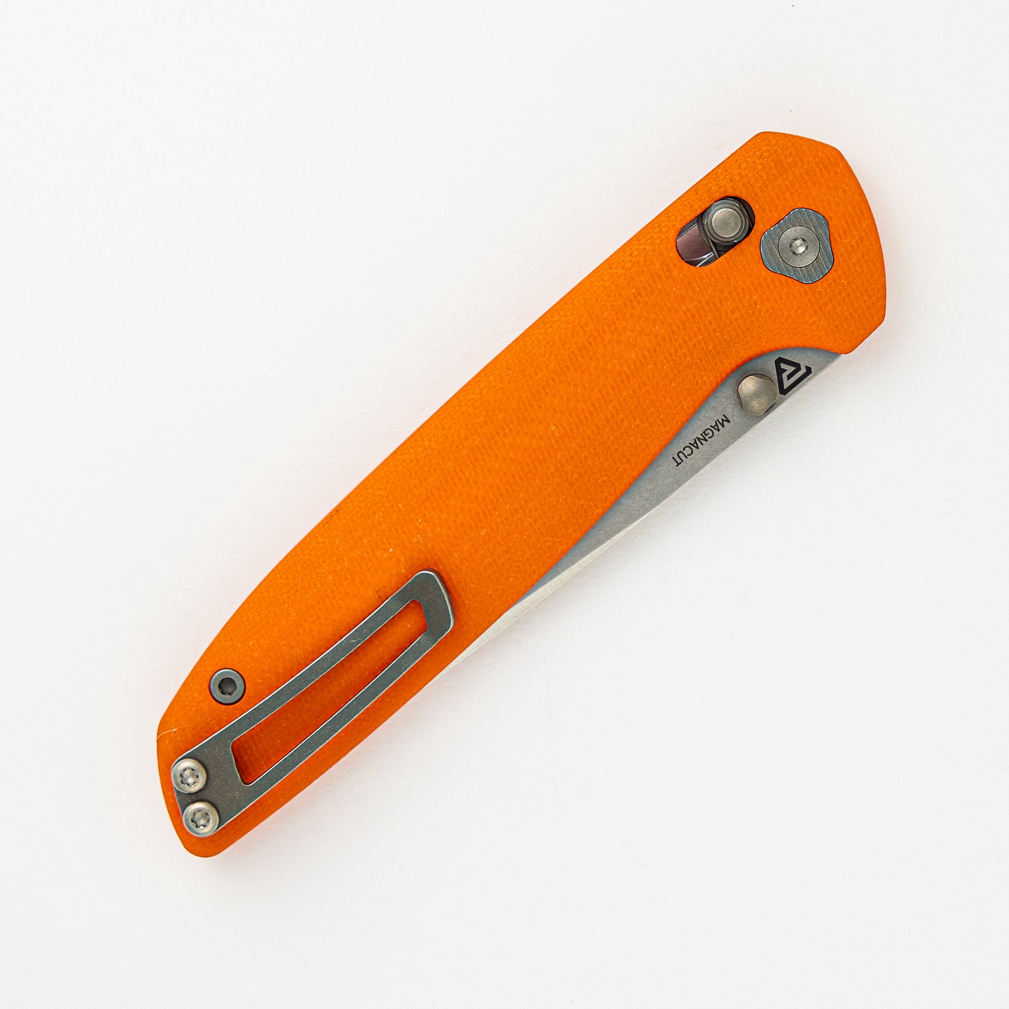 Maverick – Stonewash MagnaCut Blade – Orange G10 Handle
