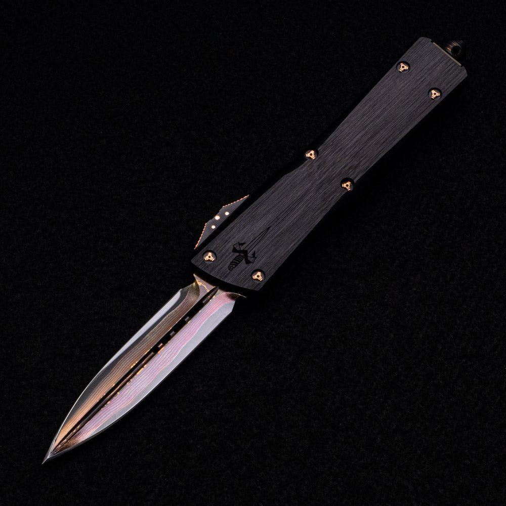 Anthony Marfione Combat Troodon – D-E Hot Blued Baker Forge Tiger Mai – Hefted Black Alloy W- Copper Ringed Hardware