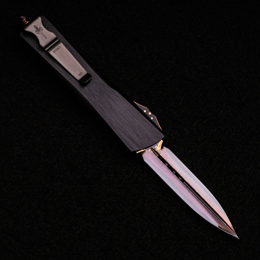 Anthony Marfione Combat Troodon – D-E Hot Blued Baker Forge Tiger Mai – Hefted Black Alloy W- Copper Ringed Hardware