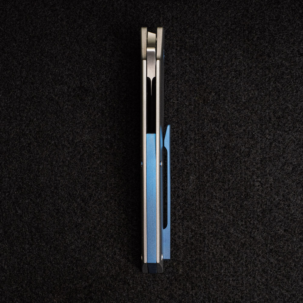 Hog House Knives Model T – RWL-34 Blade W- Satin Flats – Ti W- Dark Blue