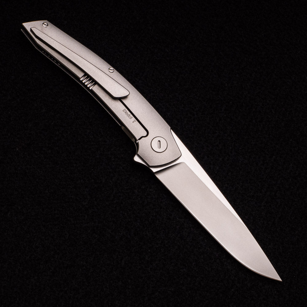 Hog House Knives Model T – M390 BLADE W- SATIN FLATS – TI W- SILVER