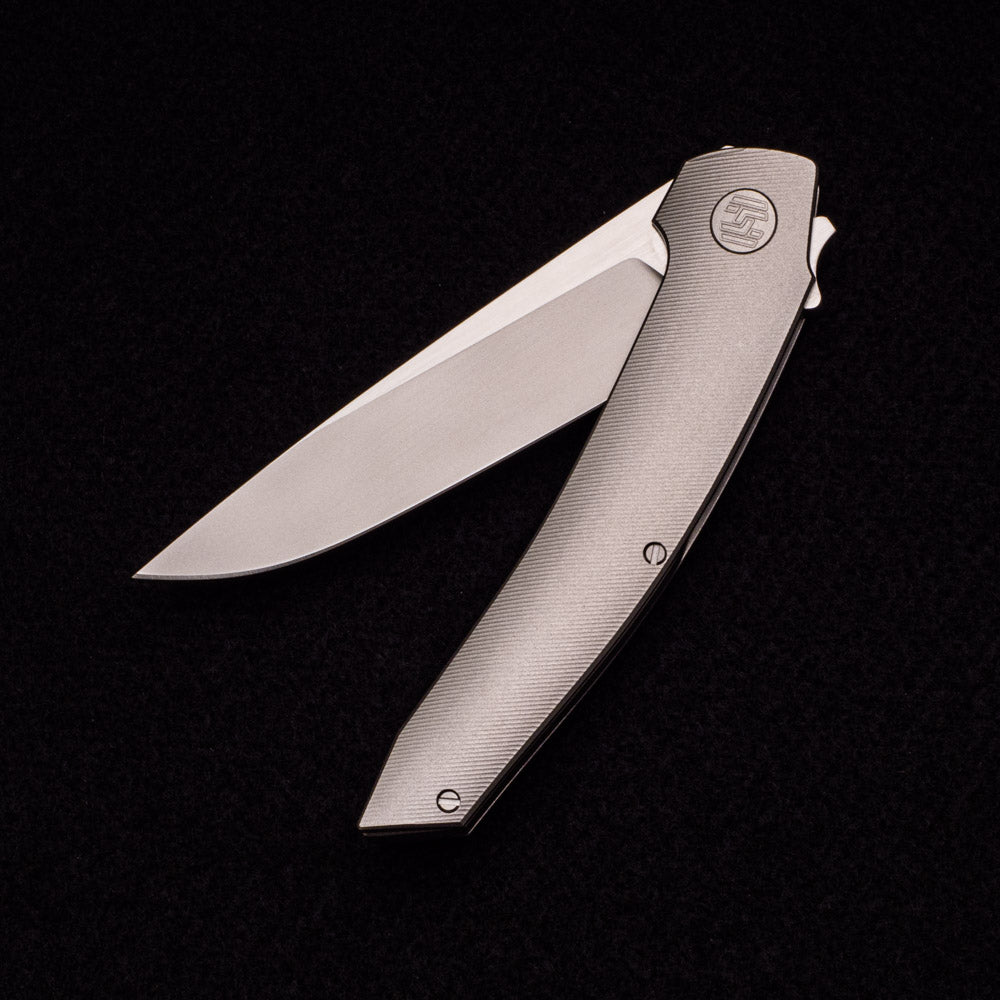 Hog House Knives Model T – M390 BLADE W- SATIN FLATS – TI W- SILVER