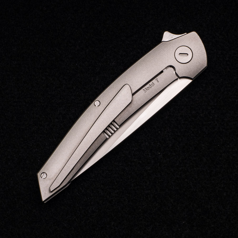 Hog House Knives Model T – M390 BLADE W- SATIN FLATS – TI W- SILVER