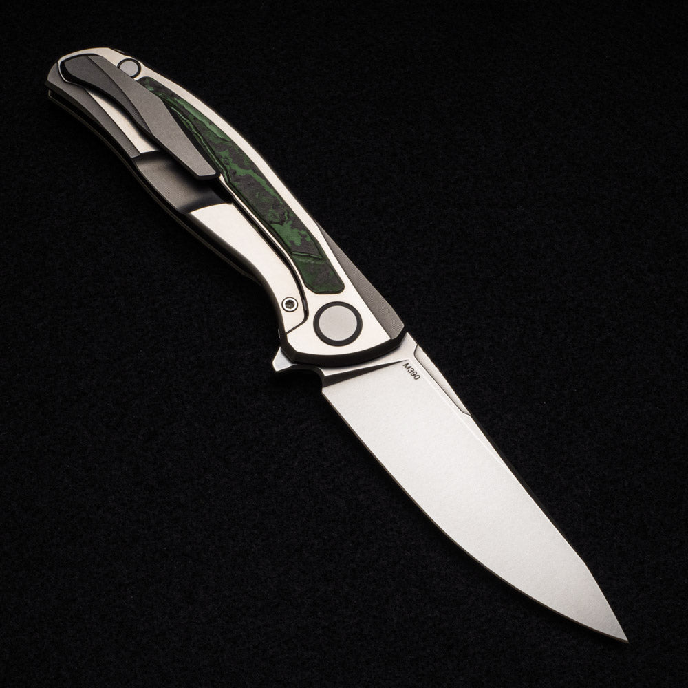 SHIROGOROV F95R NL – M390 BLADE – STONEWASHED TITANIUM HANDLE W- “JUNGLE WEAR” CARBON FIBER INLAY- MRBS