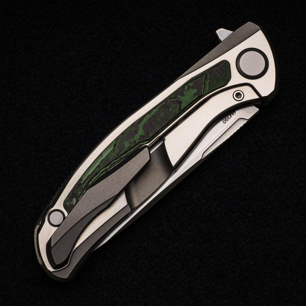 SHIROGOROV F95R NL – M390 BLADE – STONEWASHED TITANIUM HANDLE W- “JUNGLE WEAR” CARBON FIBER INLAY- MRBS