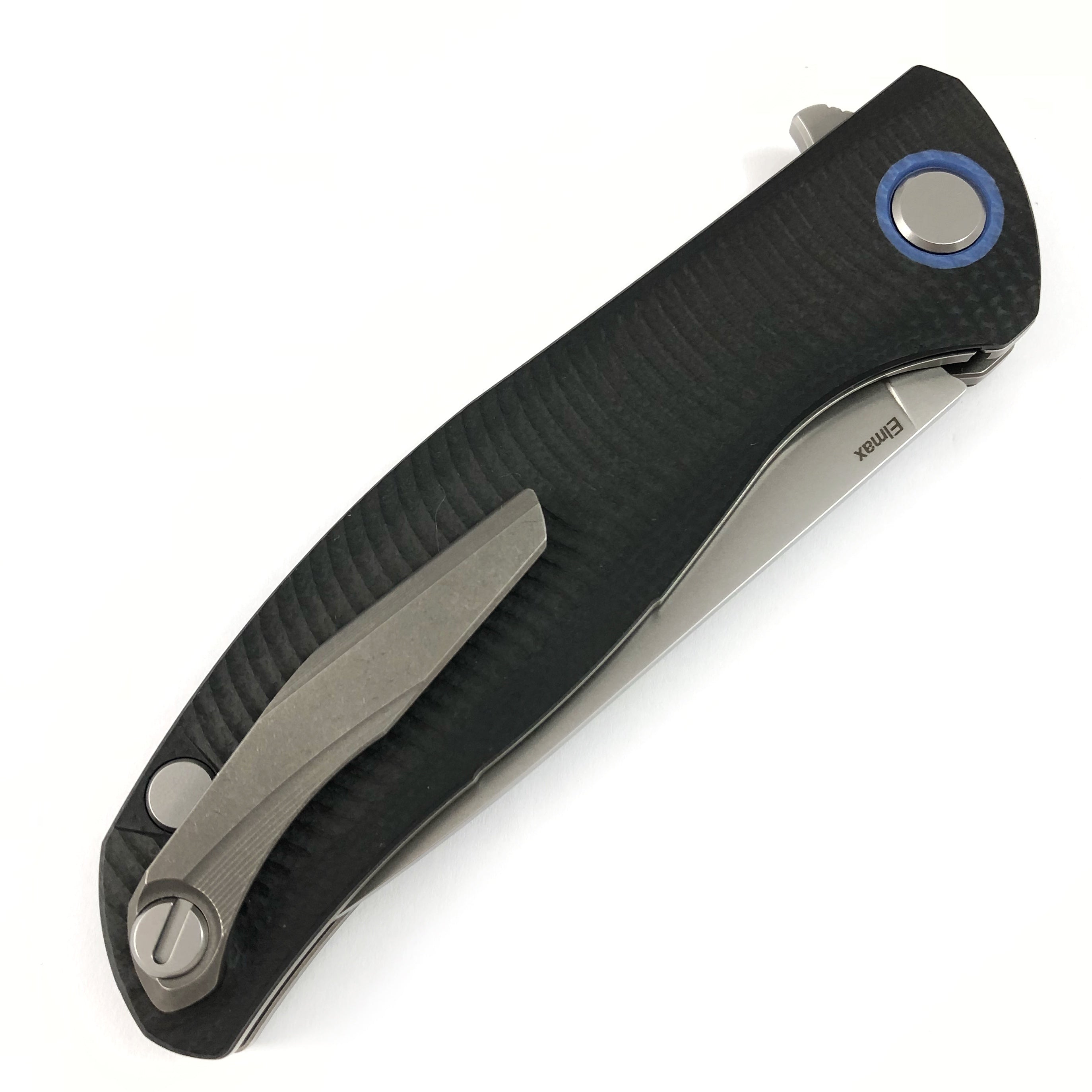 SHIROGOROV F3 - ELMAX full flat grind blade - black g10 handle w- blue accents- SRB
