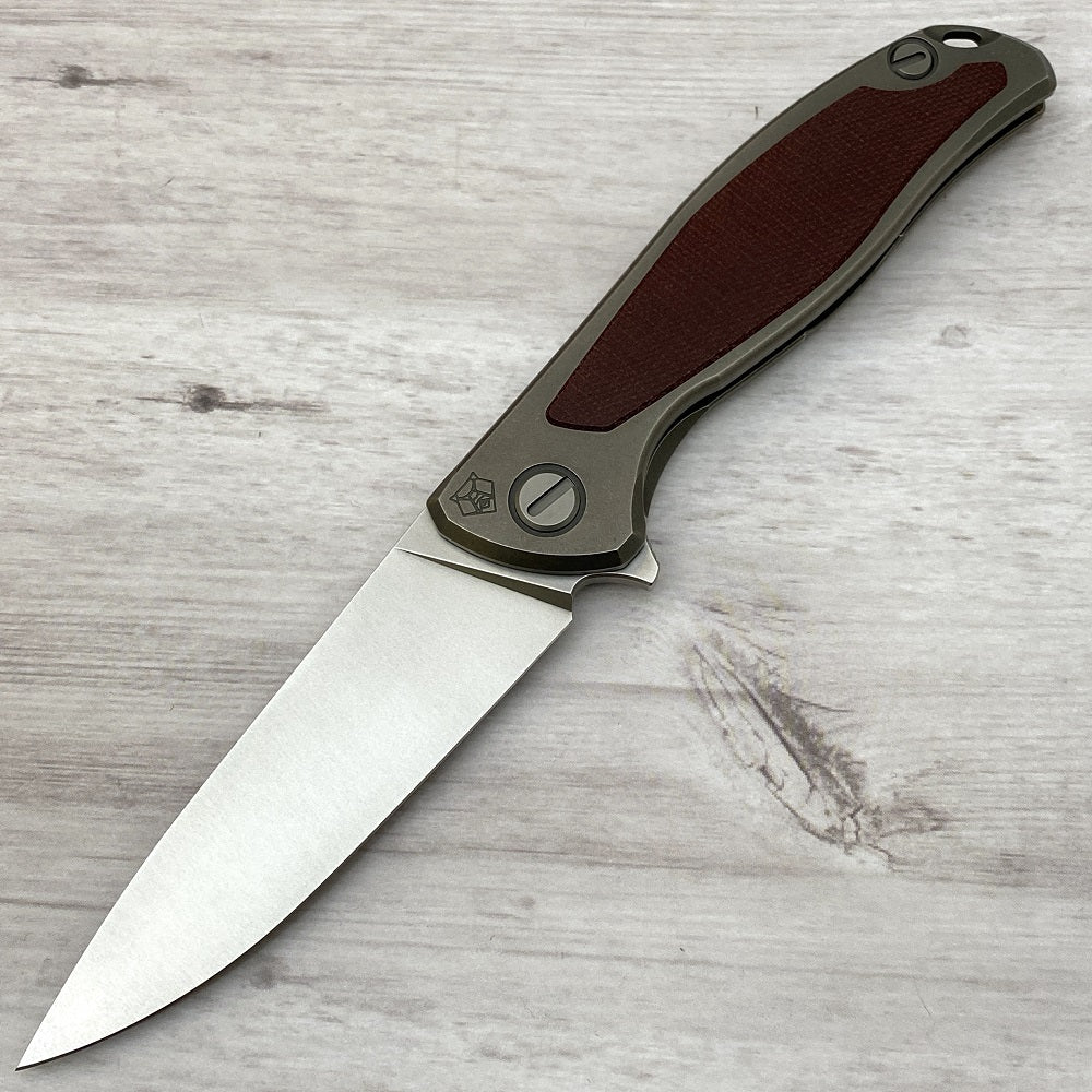 SHIROGOROV F95NL - S30V BLADE - STONEWASHED TITANIUM HANDLE W- MAROON MICARTA INLAY- SRB