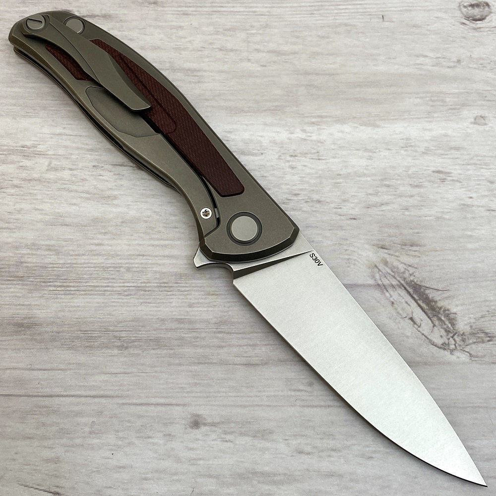 SHIROGOROV F95NL - S30V BLADE - STONEWASHED TITANIUM HANDLE W- MAROON MICARTA INLAY- SRB