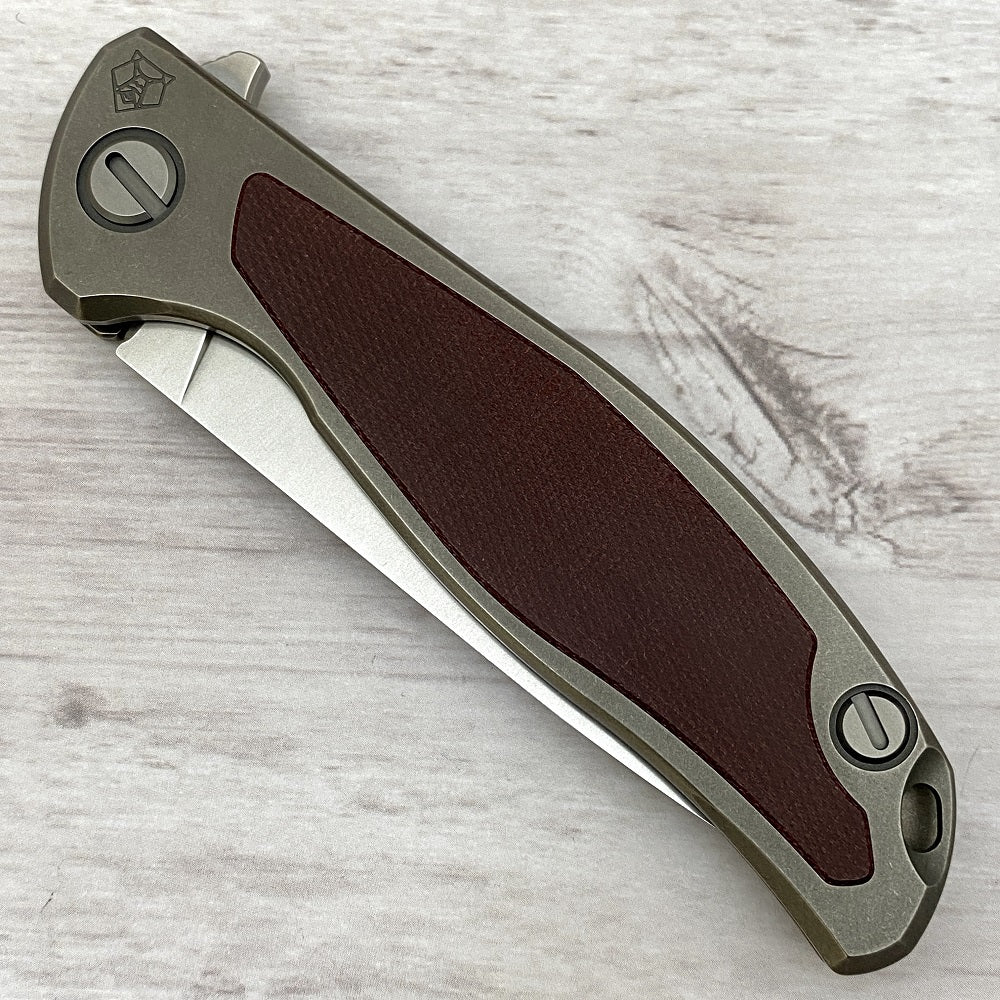 SHIROGOROV F95NL - S30V BLADE - STONEWASHED TITANIUM HANDLE W- MAROON MICARTA INLAY- SRB