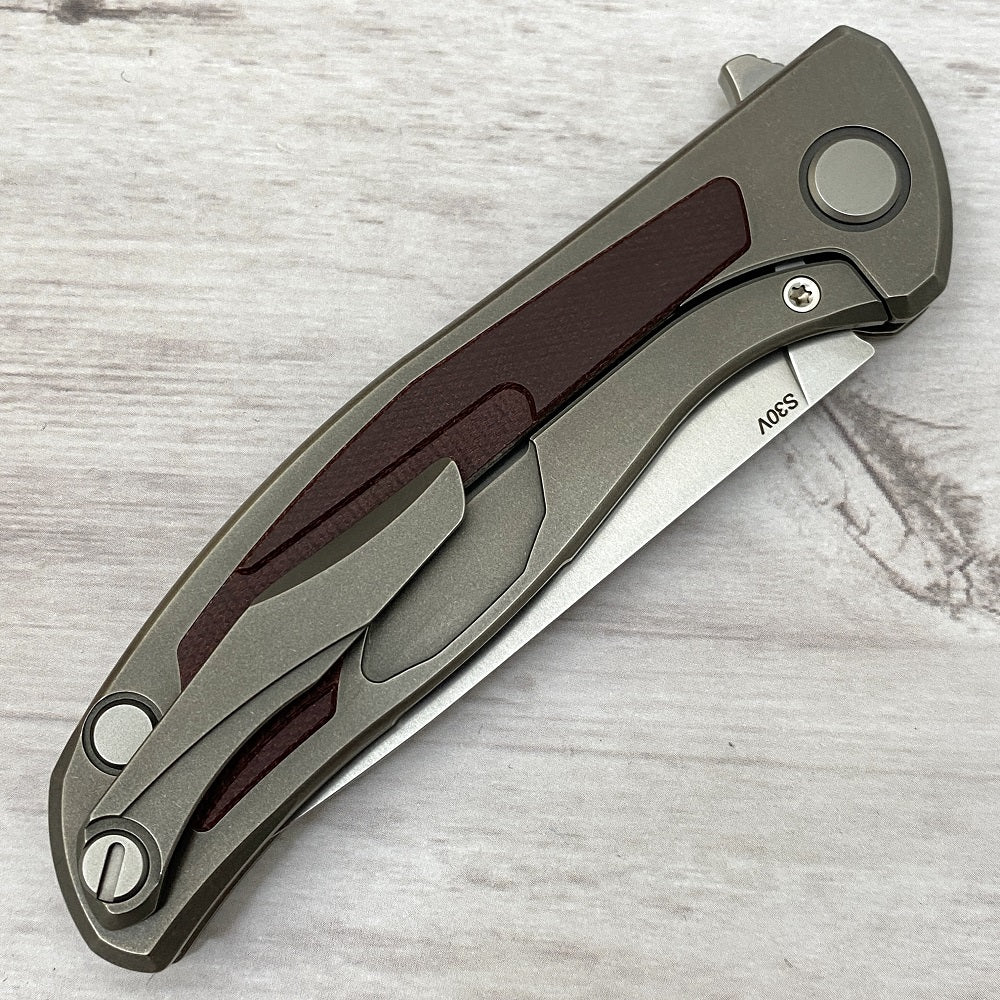 SHIROGOROV F95NL - S30V BLADE - STONEWASHED TITANIUM HANDLE W- MAROON MICARTA INLAY- SRB