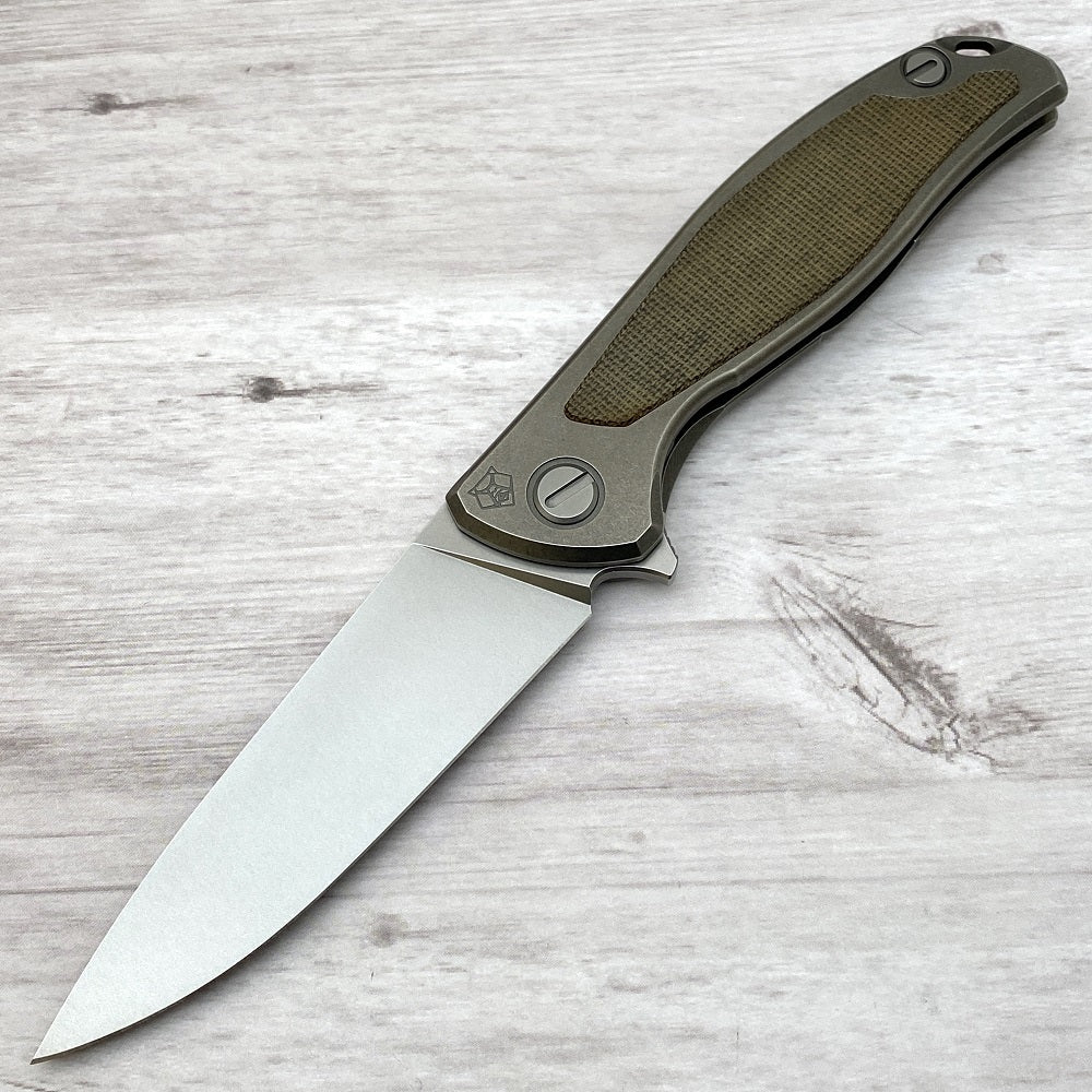 SHIROGOROV F95NL - S30V BLADE - STONEWASHED TITANIUM HANDLE W- GREEN CANVAS MICARTA INLAY- SRB