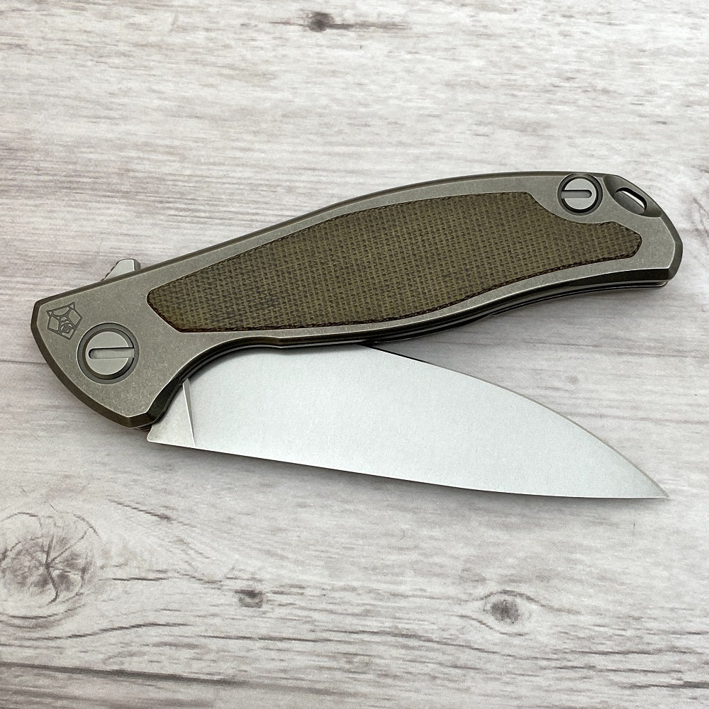 SHIROGOROV F95NL - S30V BLADE - STONEWASHED TITANIUM HANDLE W- GREEN CANVAS MICARTA INLAY- SRB