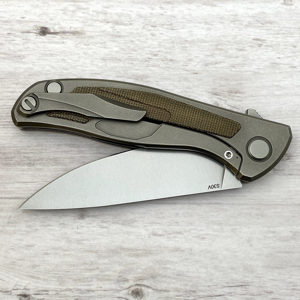 SHIROGOROV F95NL - S30V BLADE - STONEWASHED TITANIUM HANDLE W- GREEN CANVAS MICARTA INLAY- SRB