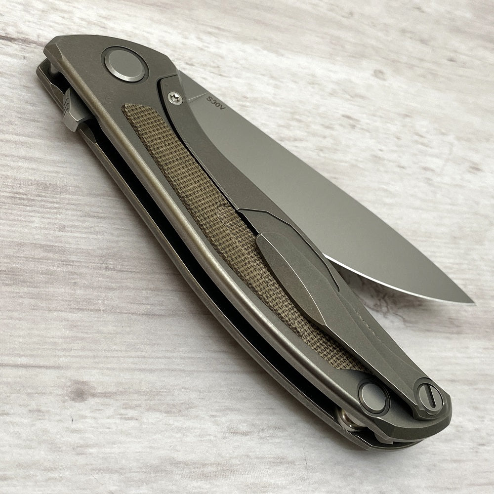 SHIROGOROV F95NL - S30V BLADE - STONEWASHED TITANIUM HANDLE W- GREEN CANVAS MICARTA INLAY- SRB