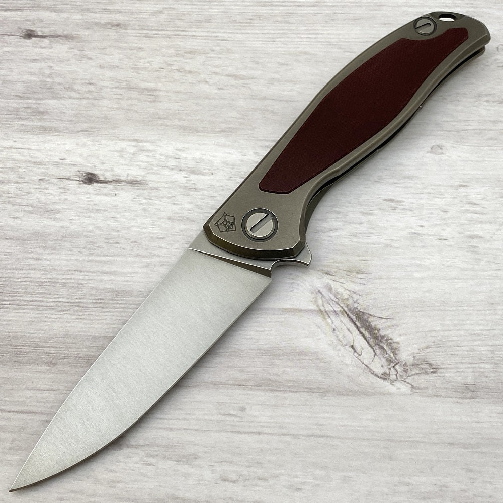 SHIROGOROV F95NL - ELMAX BLADE - STONEWASHED TITANIUM HANDLE W- MAROON MICARTA INLAY- SRB